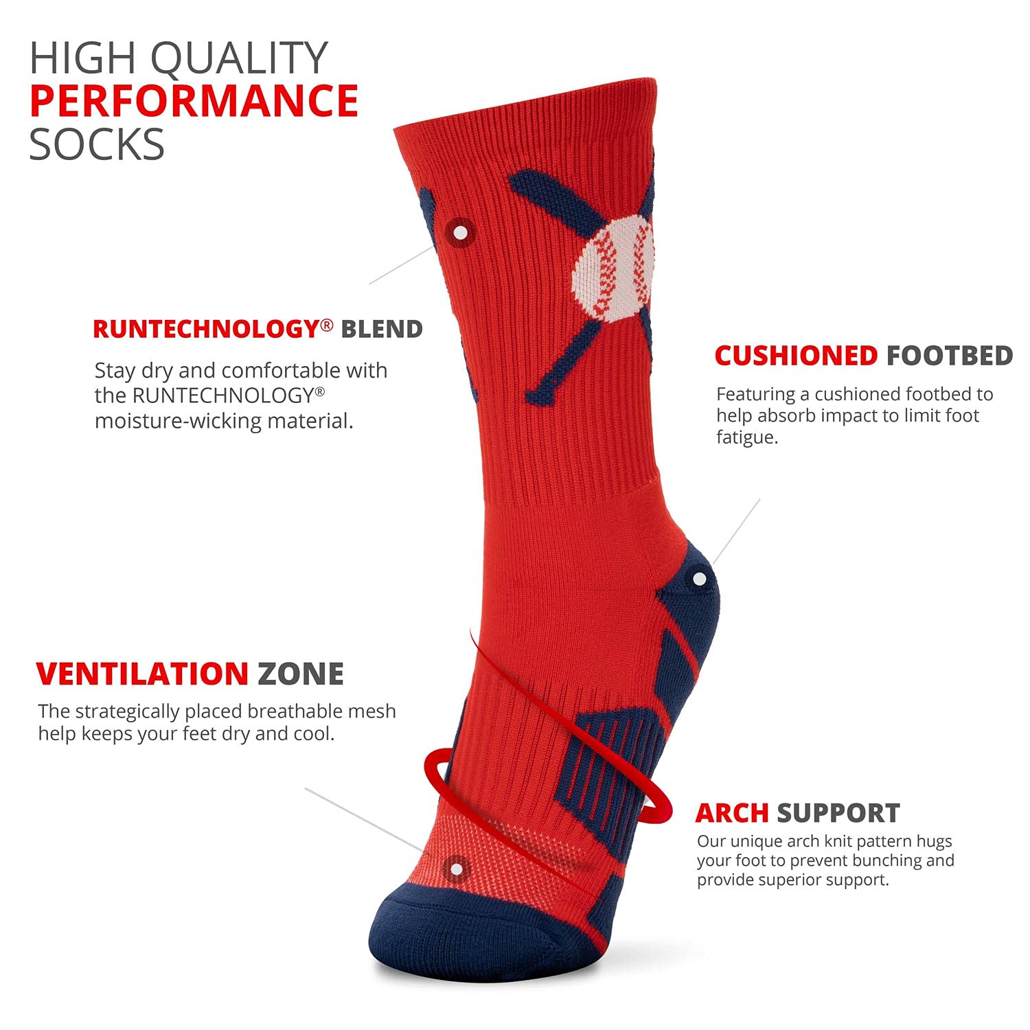 ChalkTalkSPORTS Baseball Performance Crew Socks with Crossed Bats Design - Moisture-Wicking & Cushioned for Youth & Adult Players - Mid-Calf Baseball Socks for Training, Games & Sports Performance