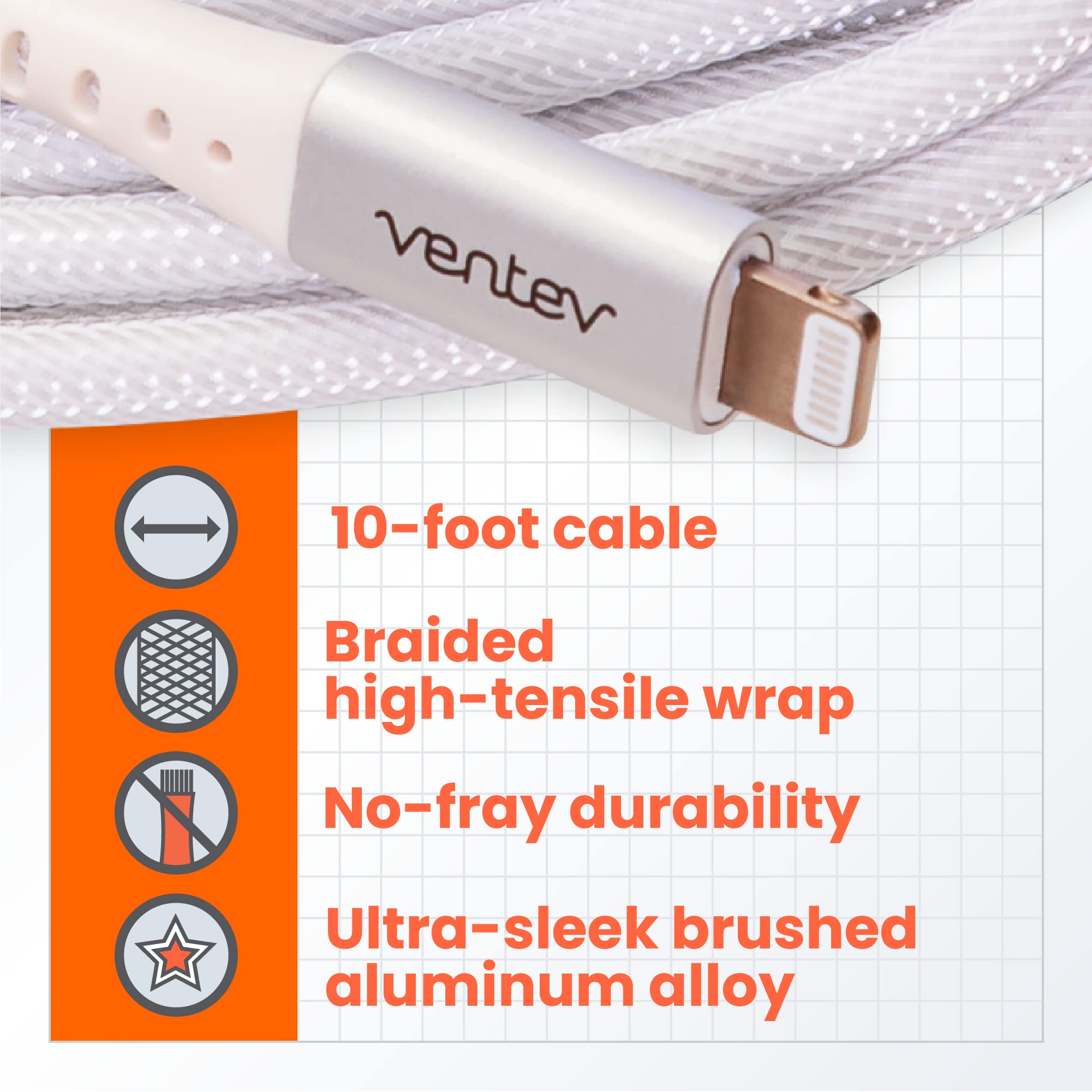 Ventev Alloy 10ft iPhone Fast Charging USB-C to Lightning Cable | Extra Long MFi Certified Apple Charger | Durable 100x Longer Life iPhone Charging Cord (White) - Perfect for Home, Office & Travel Use