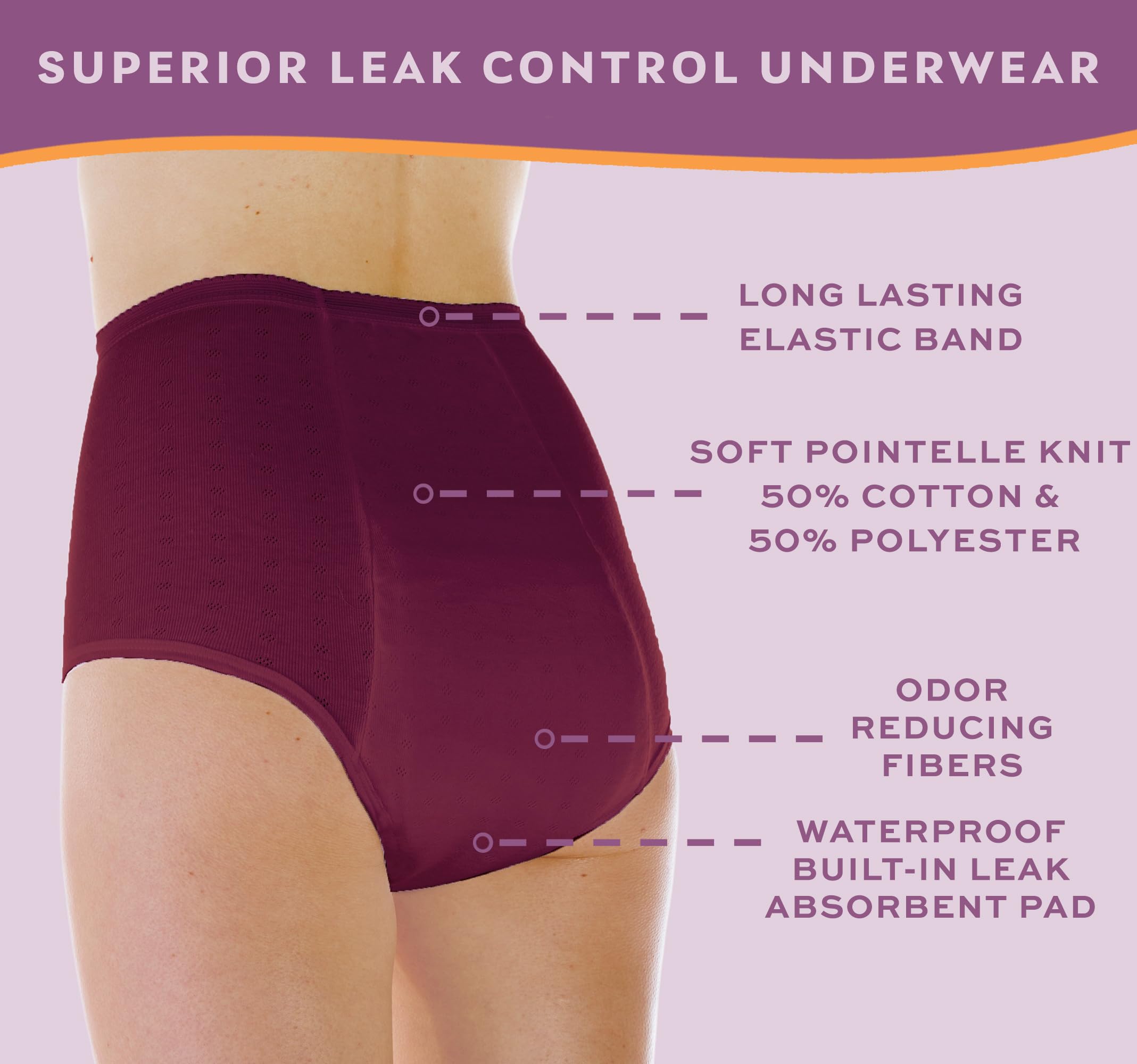 Wearever Women's Incontinence Underwear for Bladder Control - Super Absorbent Reusable & Washable Leak Proof Panties (Pack of 3, Plum, 4X, Fits Hip 52-55) - Perfect for Active Lifestyle, Postpartum Recovery & Nighttime Protection