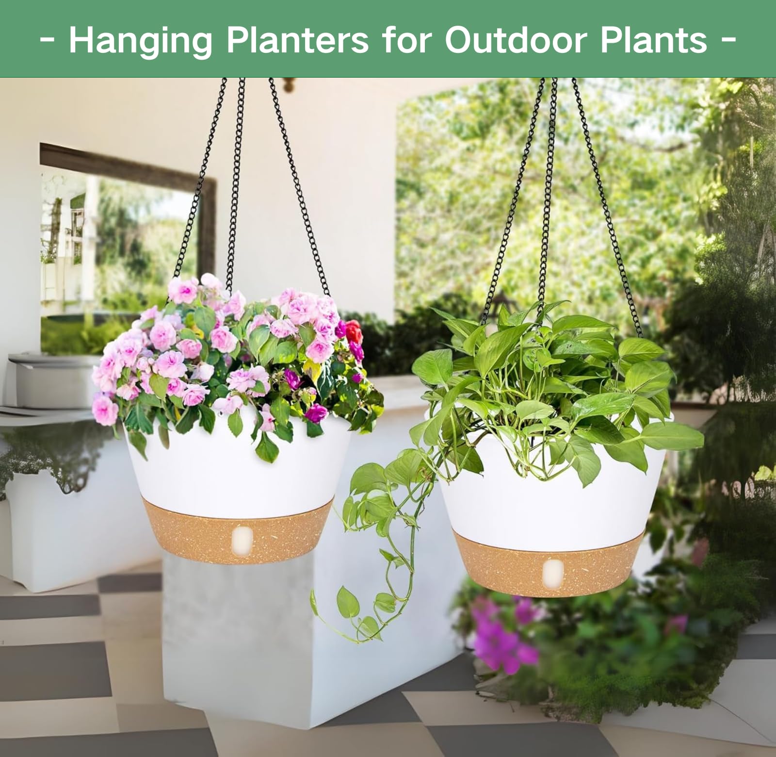 QCQHDU 8 Inch Self-Watering Hanging Planters for Indoor & Outdoor Plants - 2 Pack with Drainage Holes & Removable Tray - Perfect for Balcony, Patio, and Home Decor