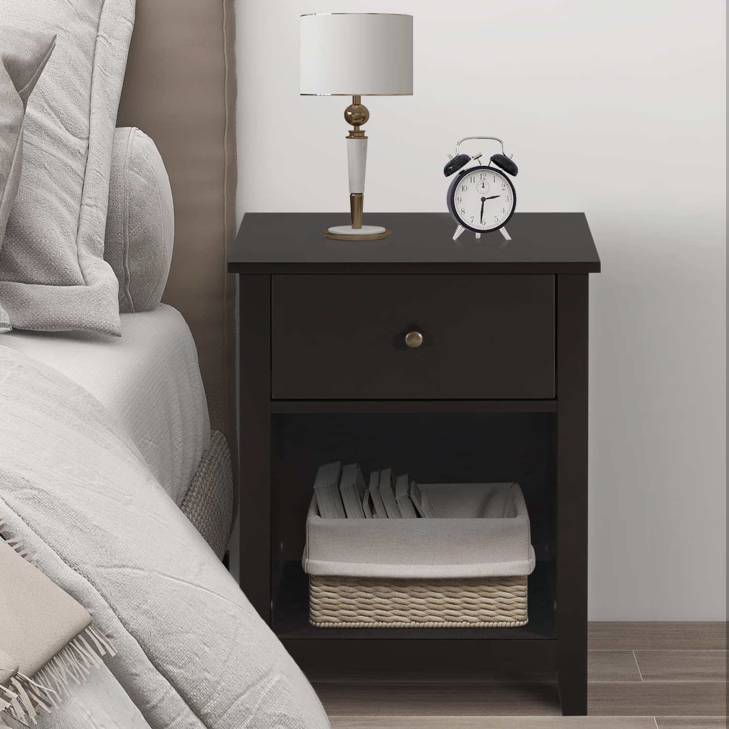 Modern Dark Brown Wood Nightstand with Drawer & Open Shelf - Bedside End Table for Bedroom - Perfect for Small Spaces, Apartment Living & Guest Rooms
