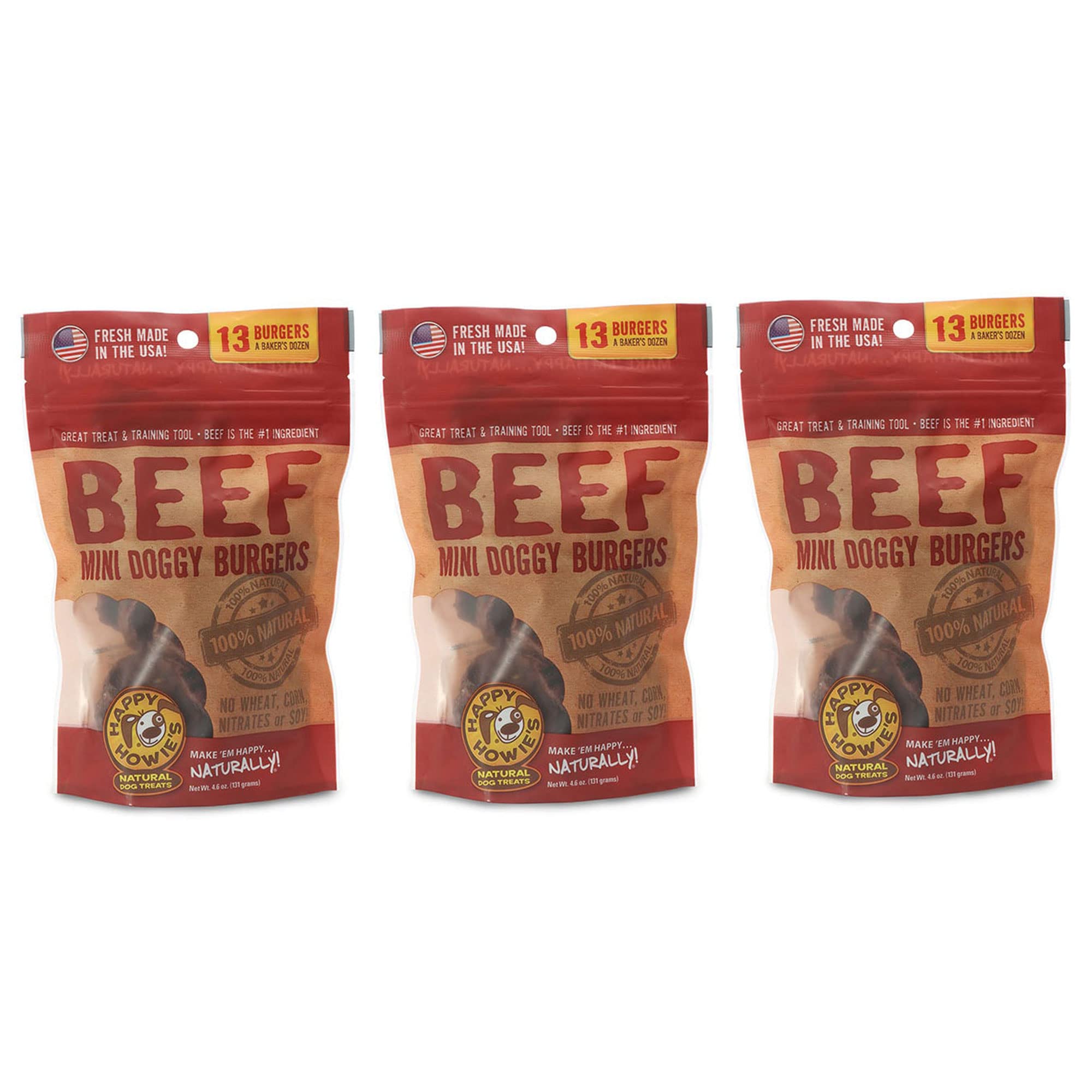 Happy Howie's Mini Doggy Burgers - All-Natural Beef Dog Treats, Grain-Free & Hormone-Free, Long-Lasting Chewy Bites for Small & Medium Dogs - Perfect for Training, Rewards & Dental Health (3-Pack)
