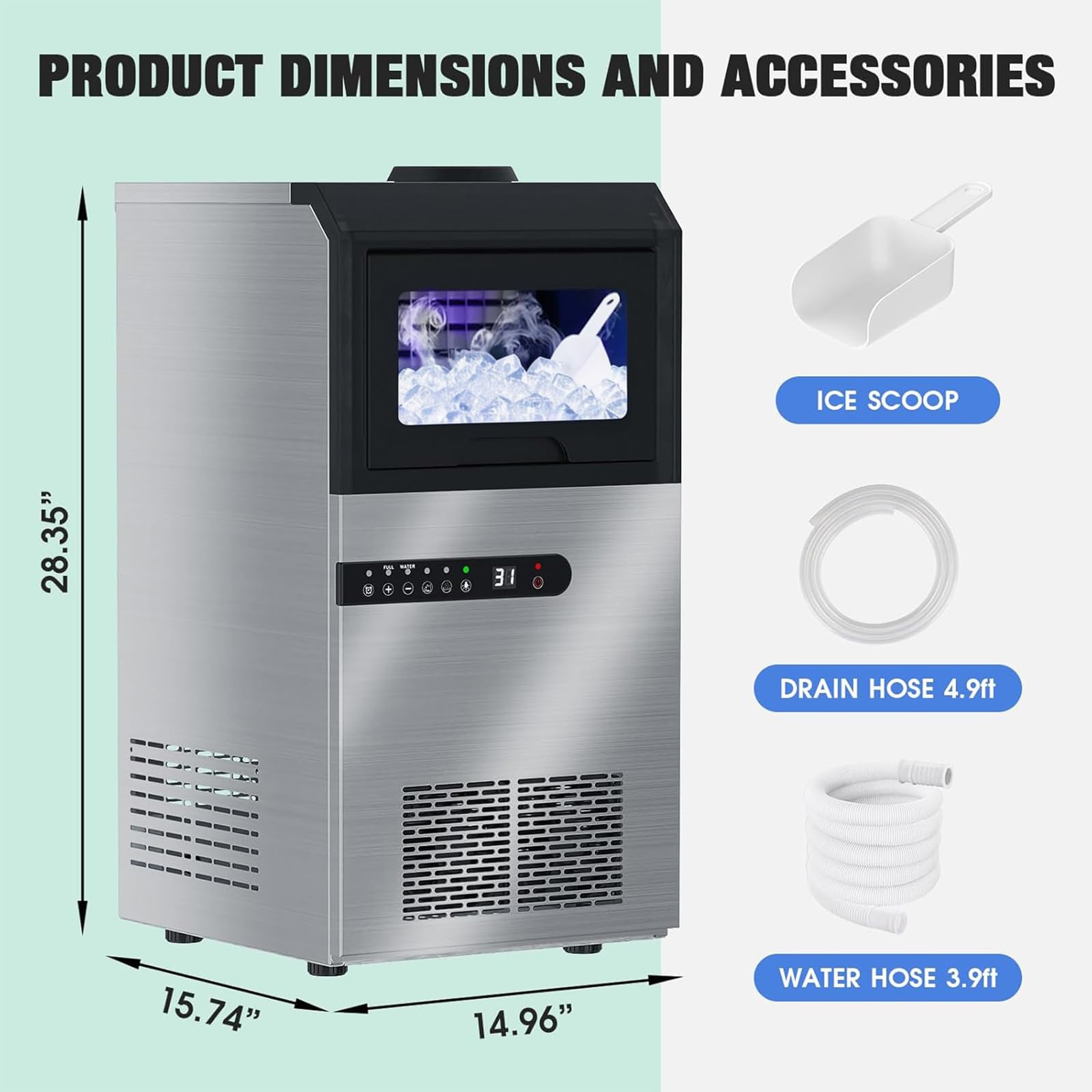 Commercial Ice Maker Machine 100Lbs/24H with 33Lbs Storage Bin - Fast 5-Minute 45Pcs Clear Ice Cubes - 2-Way Water Fill - Under Counter or Freestanding for Home, Bars, Restaurants & Offices (DB45)