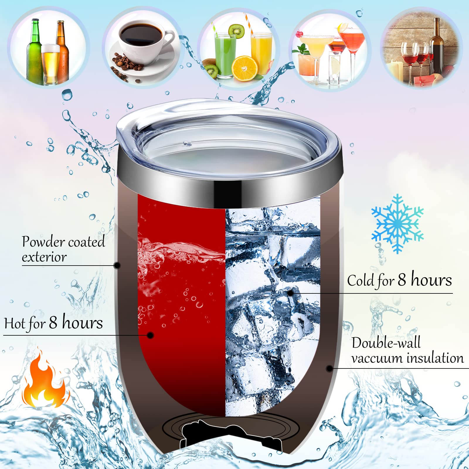 12 Pack Stainless Steel Stemless Wine Tumblers - 12oz Double Wall Vacuum Insulated Cups with Lids & Straws - Reusable Tumblers for Wine, Coffee, Cocktails, Champagne - Perfect for Parties, Picnics, BBQs & Gifts (12 Colors)