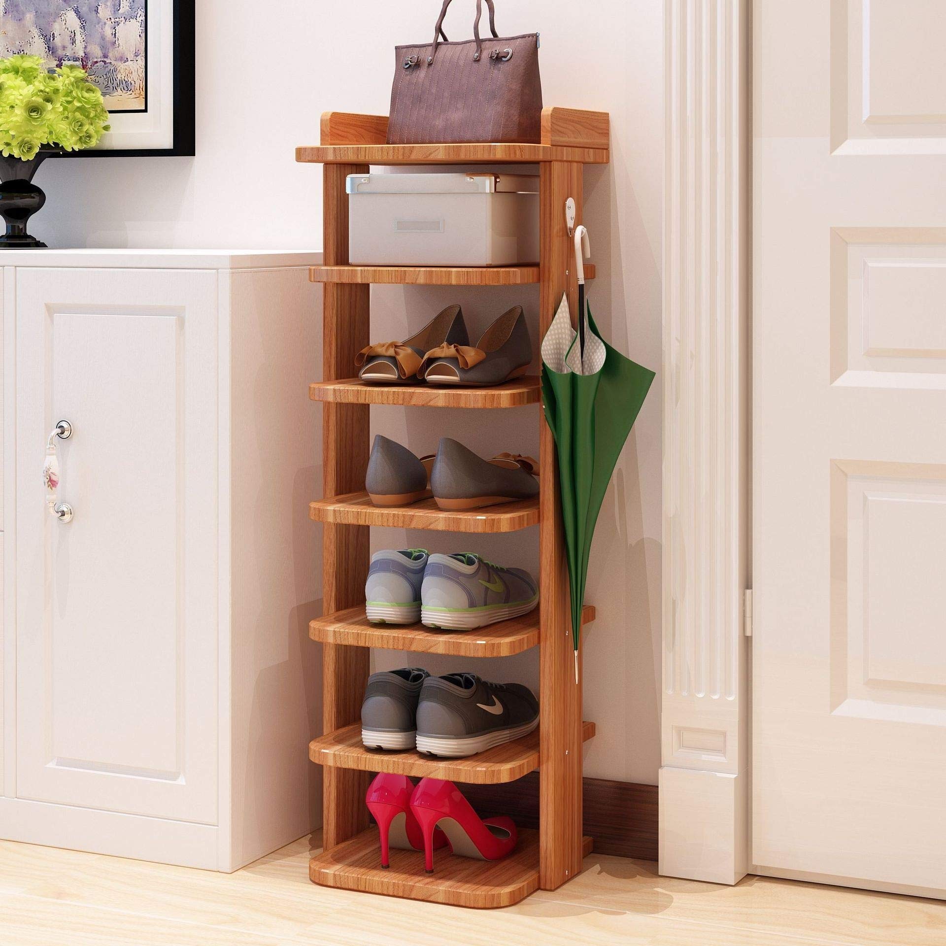 Vertical Wooden Shoe Rack for Behind Door - Space Saving Shoe Storage Organizer with 12 Shelves, Hallway & Closet Shoe Cabinet - Perfect for Small Spaces, Apartments and Entryway Organization (Color: C)