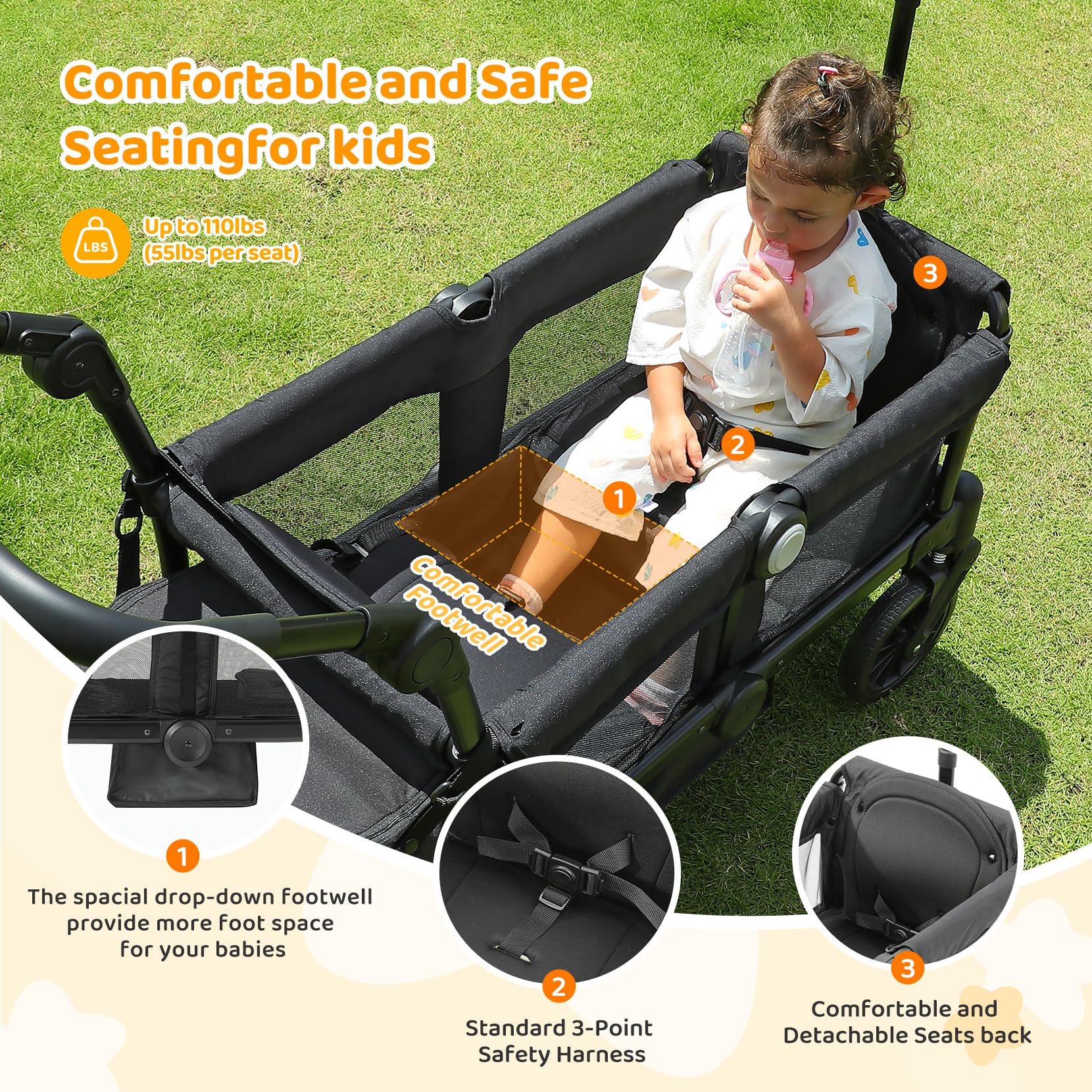 **ELEMARA 2-in-1 Foldable Stroller Wagon for Kids - All-Terrain Push & Pull Wagon with Removable Canopy, Adjustable Handle, Safety Harnesses & Large Storage Bag - Perfect for Beach, Park & Outdoor Adventures (Black)**