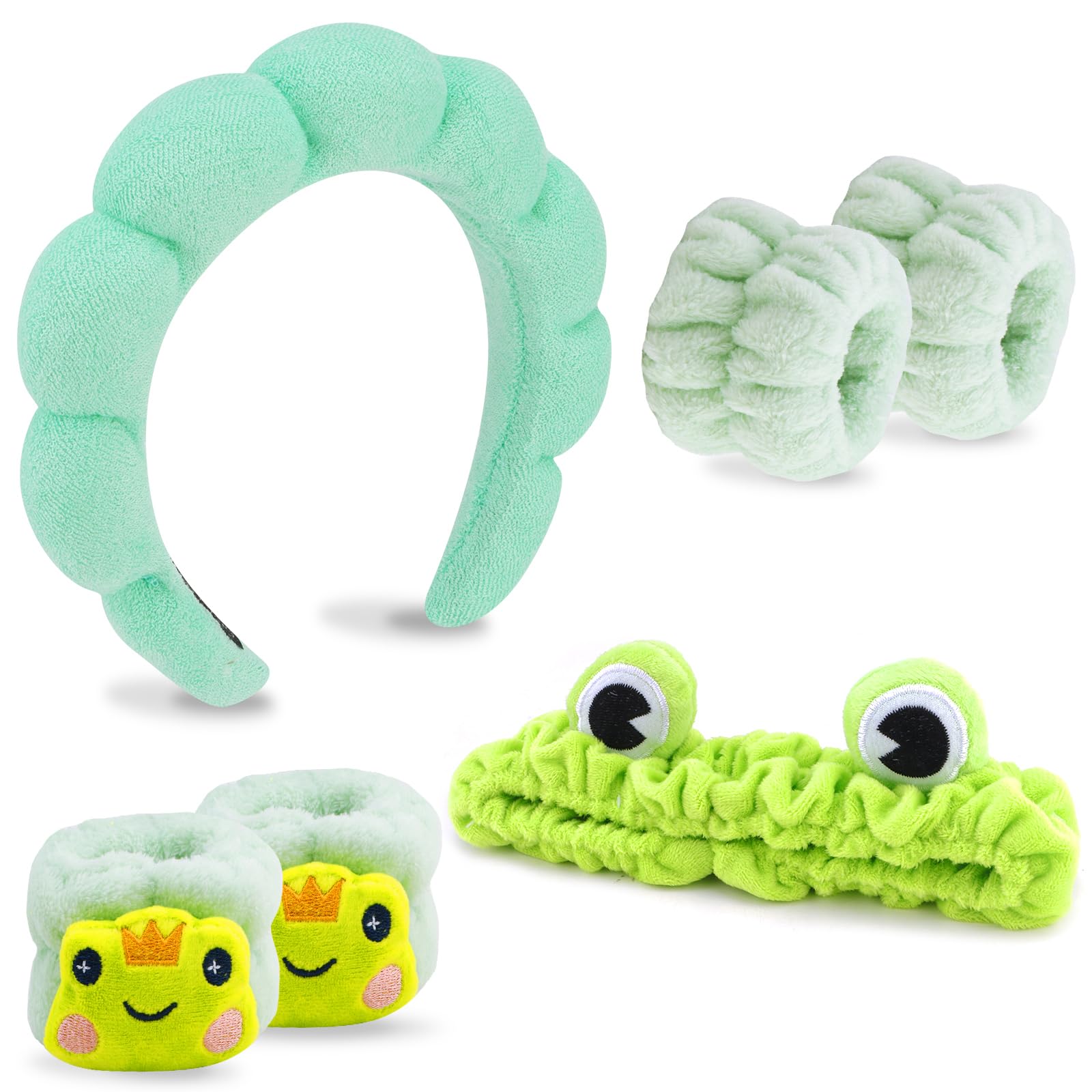 VELSCRUN 6 Pack Spa Headbands & Hair Accessories Set for Women - Soft Makeup Headbands, Face Washing & Skincare Wristbands with Green Sponge Bow Ties - Perfect for Spa, Skincare Routine & Gift Giving