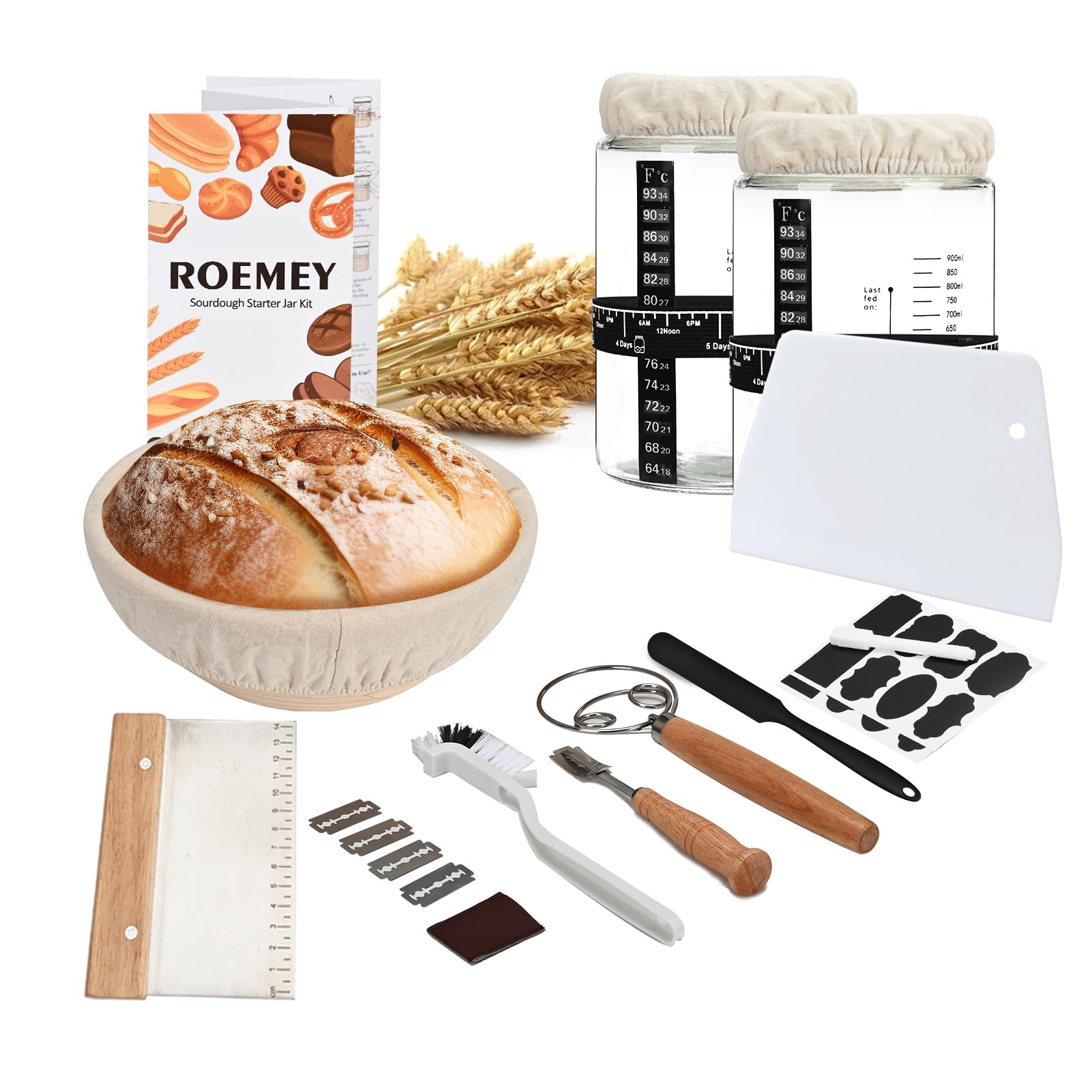 Roemey 2-Pack 1000ml Sourdough Starter Kit with 9-Inch Round Bread Proofing Basket - Perfect for Homemade Bread Baking, Fermentation & Artisan Sourdough Making | Ideal for Beginners & Professional Bakers
