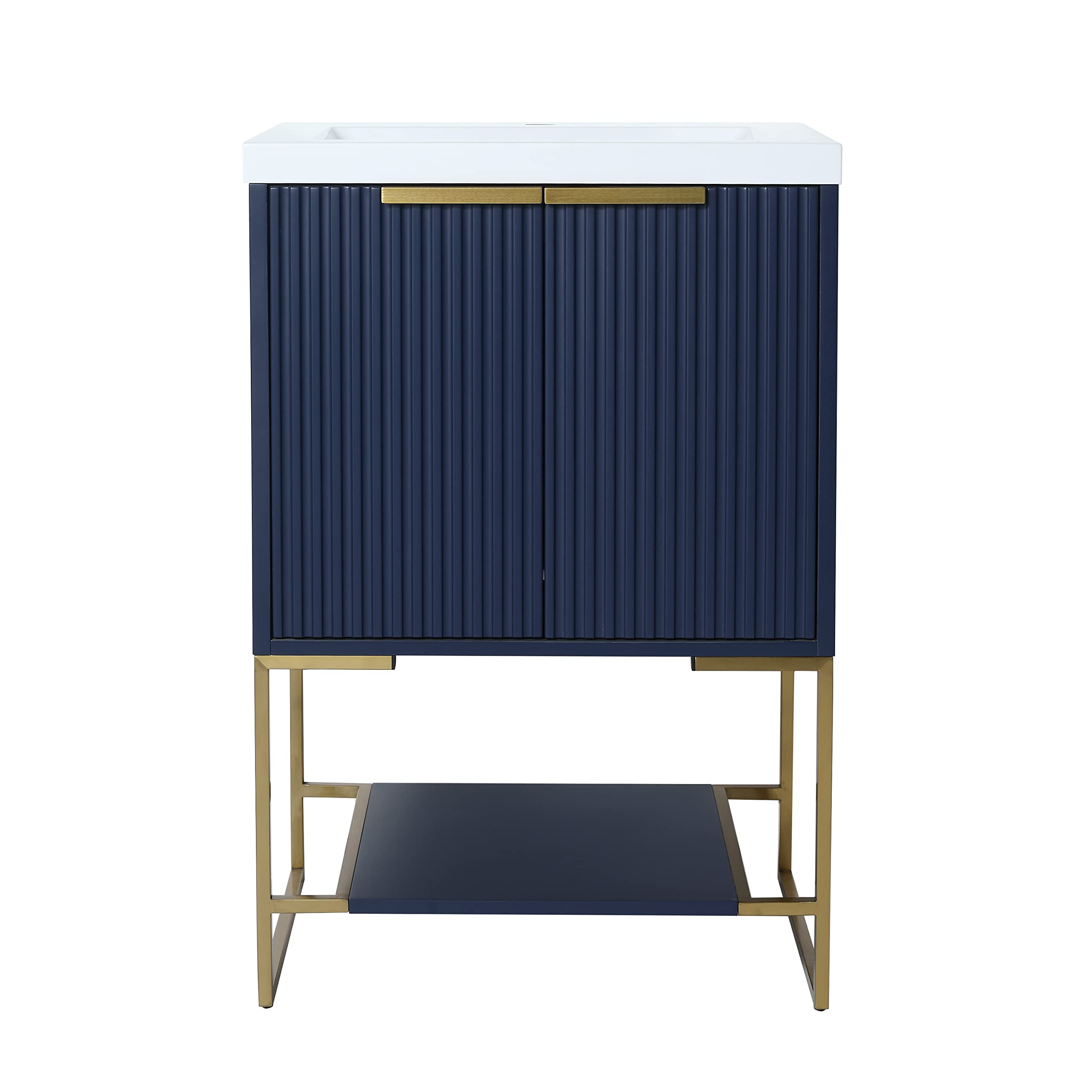 Yoluckea 24-Inch Navy Blue Freestanding Bathroom Vanity Set with Resin Sink Basin - Modern Wood Vanity Cabinet with Storage Shelf & Door - Perfect for Small Bathrooms, Powder Rooms & Apartment Spaces