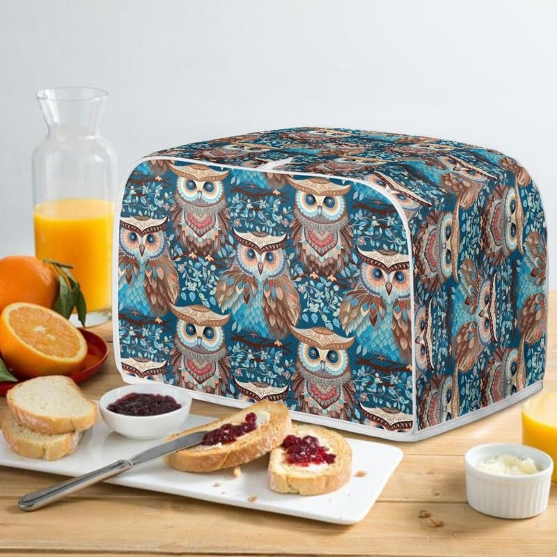 Forest Owl 2-4 Slice Toaster Cover - Turquoise Plant Branch Design, Microwave & Toaster Oven Dust Cover, Cartoon Owl Pattern, Dustproof & Fingerprint Protection - Perfect for Kitchen Countertop & Small Appliance Protection