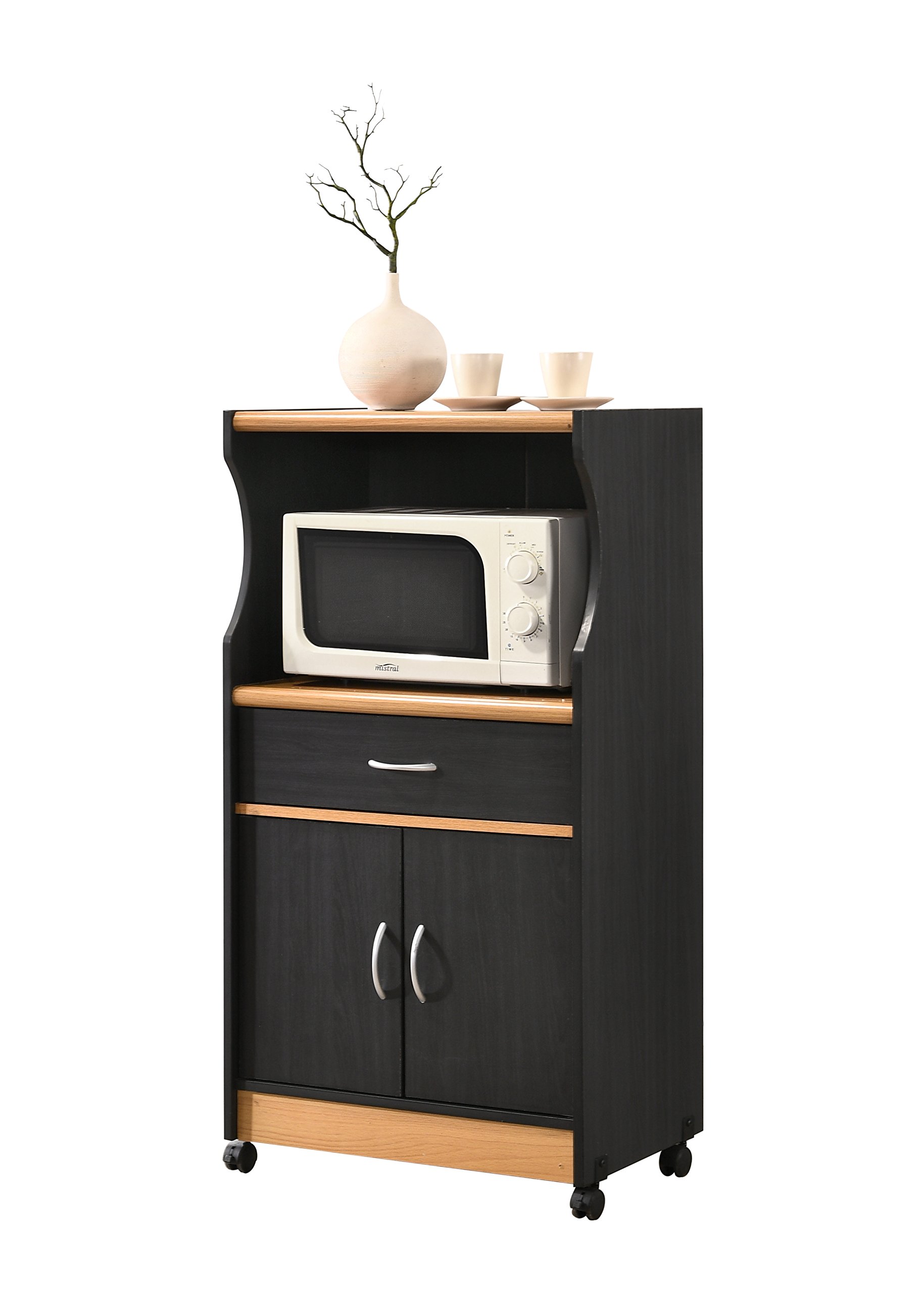 HODEDAH IMPORT Microwave Cart with Storage Drawer, 2 Doors & Shelf - Black-Beech Finish | Compact Kitchen Organizer for Small Spaces, Dorm Rooms & Apartments