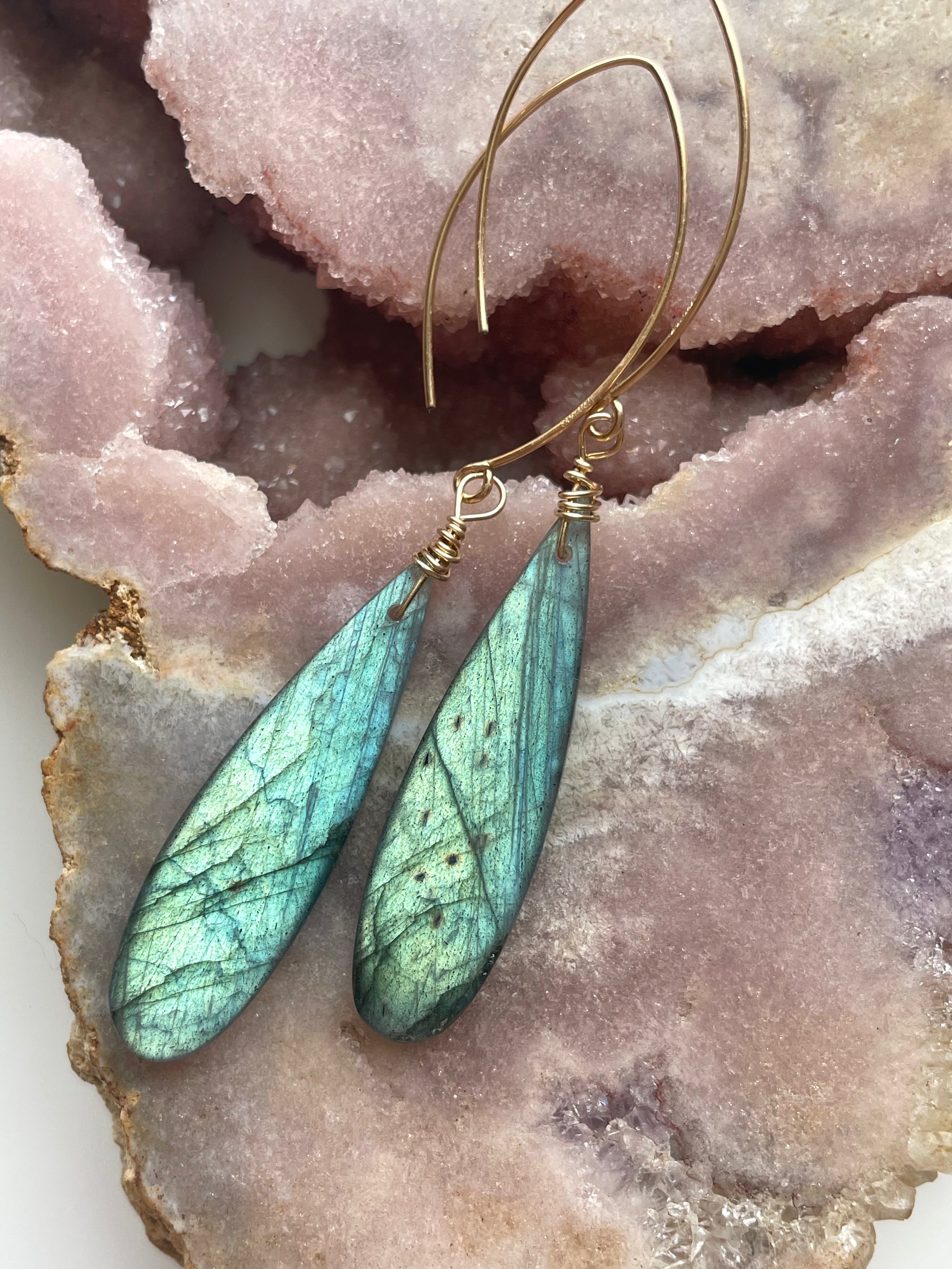 Gold Labradorite Dangle Drop Crystal Earrings for Women | Elegant Gemstone Jewelry Gift for Birthday, Party & Special Occasions