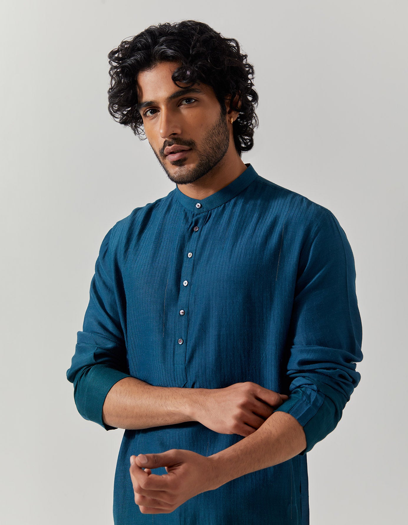Raindrop Bade Miyan Kurta - Premium Muga Satin Teal Men's Traditional Indian Tunic - Perfect for Festivals, Weddings & Cultural Events