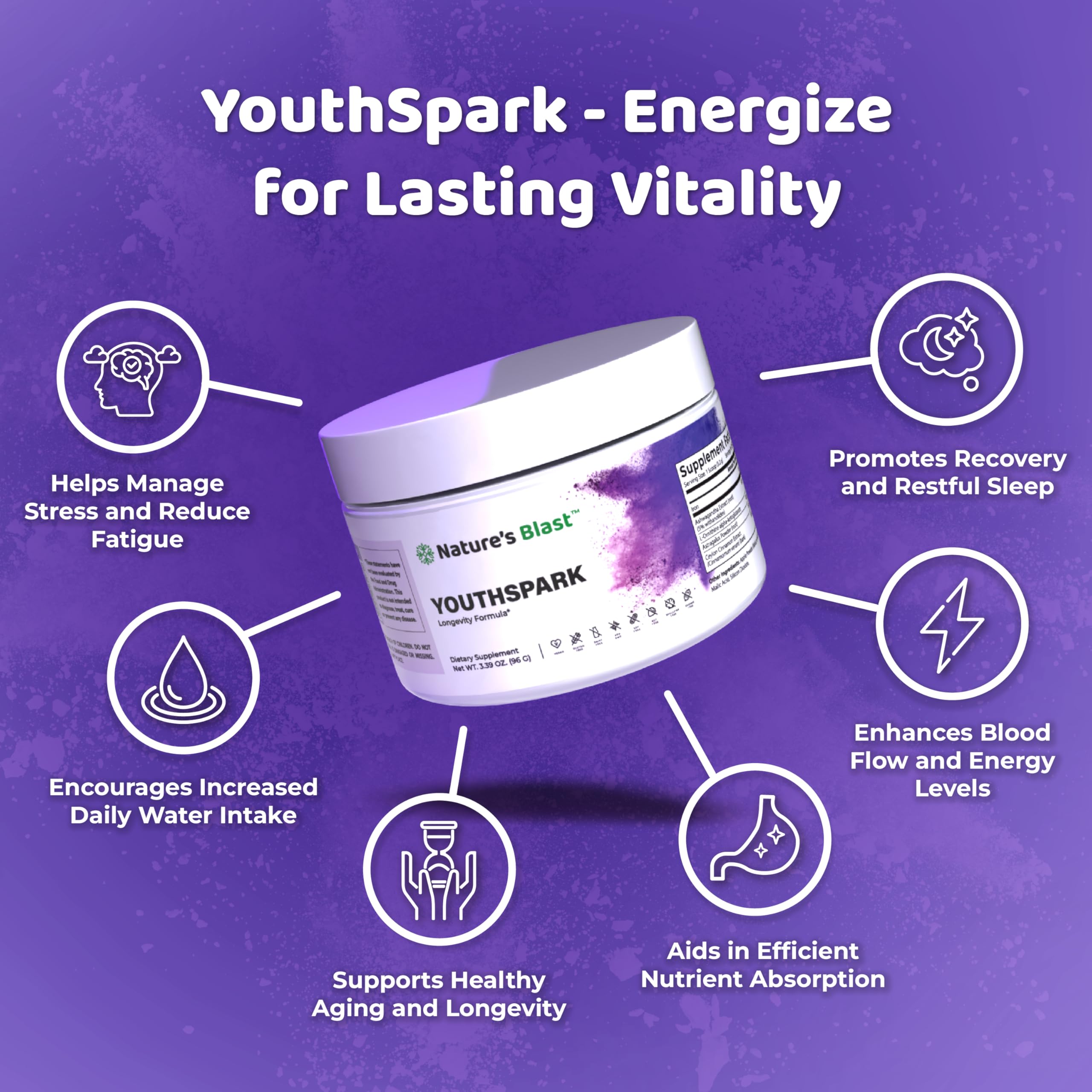 YouthSpark Longevity Formula Supplement - Natural Fruit Flavor Anti-Aging Supplement with Ashwagandha, Astragalus & Cinnamon - Supports Energy, Immunity & Cellular Health - 1 Bottle (60 Capsules) - Perfect for Daily Wellness Routine & Active Lifestyle