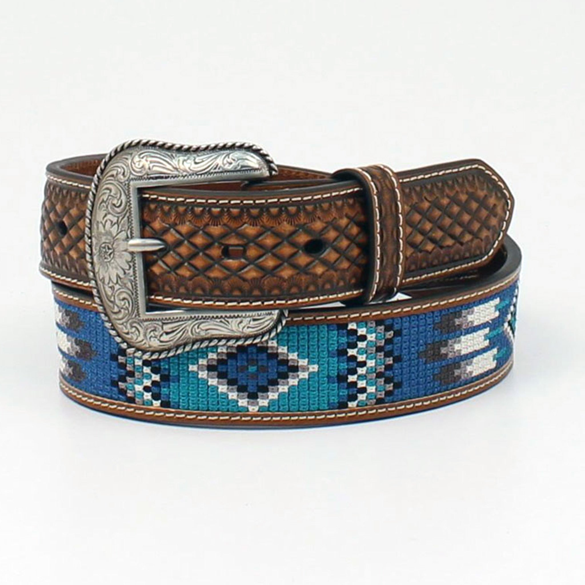 Ariat Men's Blue Aztec Western Belt - Genuine Leather Cowboy Belt for Rodeo, Ranch & Casual Wear