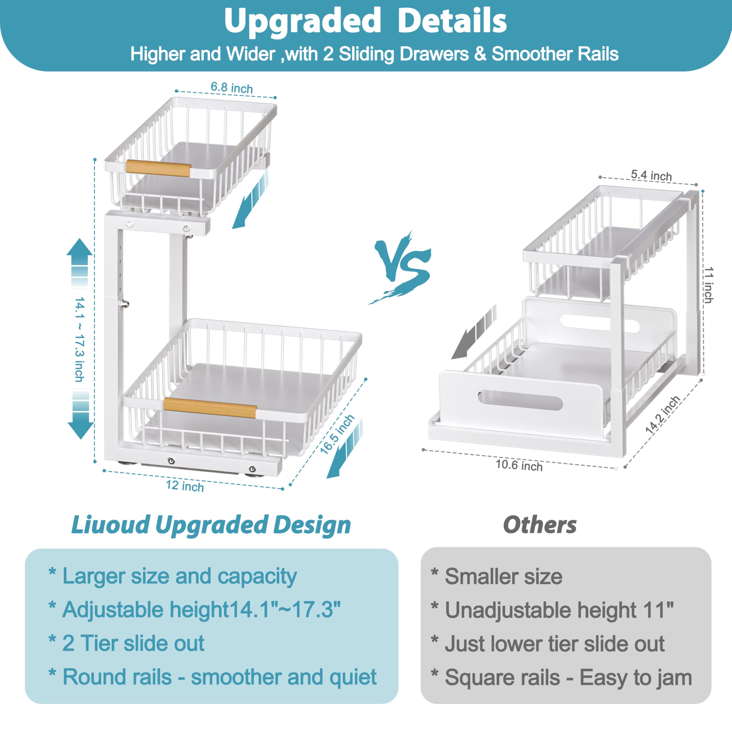 2-Tier Slide-Out Under Sink Organizer - Adjustable Height Pull-Out Cabinet Storage Drawer for Kitchen & Bathroom - Large Capacity Metal Rack Shelf Basket (White) - Perfect for Maximizing Under-Sink Space in Small Kitchens and Bathrooms