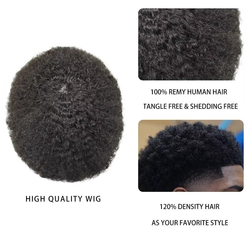Premium Afro Hair Units for Black Men | PU Injection Human Hair Toupee | Durable Poly Hair System for African American Men | Afro Wave 8mm #1 Jet Black | Perfect for Daily Wear, Special Occasions & Hair Loss Solutions