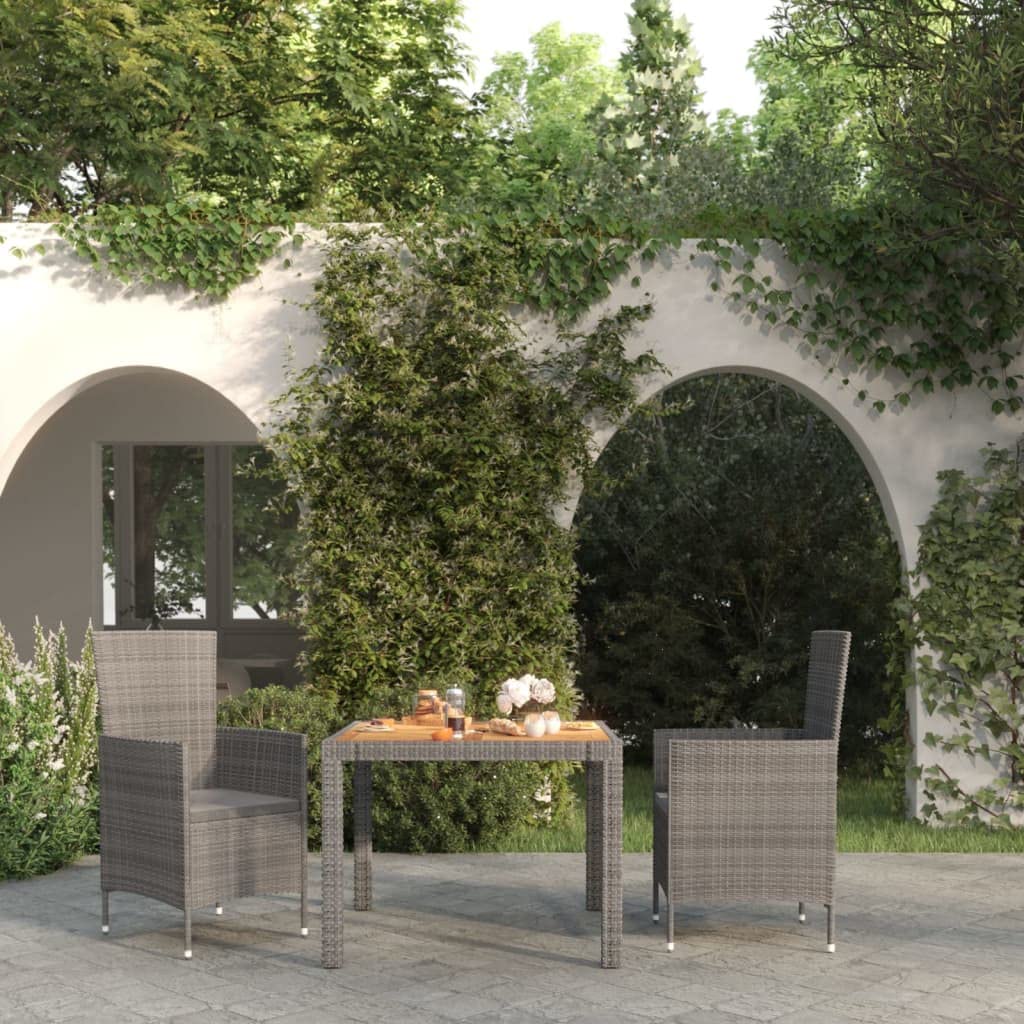 vidaXL 3-Piece Patio Dining Set with Cushions - Gray Poly Rattan Outdoor Furniture for Garden, Terrace, Balcony - Perfect for Al Fresco Dining, Backyard BBQs & Relaxing Outdoors
