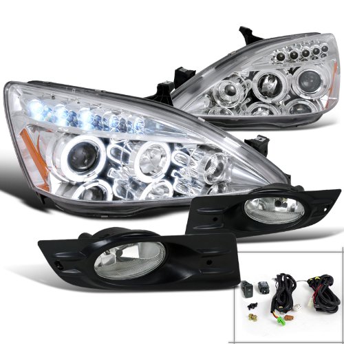 Spec-D Tuning Chrome Halo LED Projector Headlights with Fog Lights - Compatible with 2006-2007 Honda Accord 2 Door Coupe - Left & Right Headlamp Assembly Pair - Upgrade for Night Driving & Enhanced Style