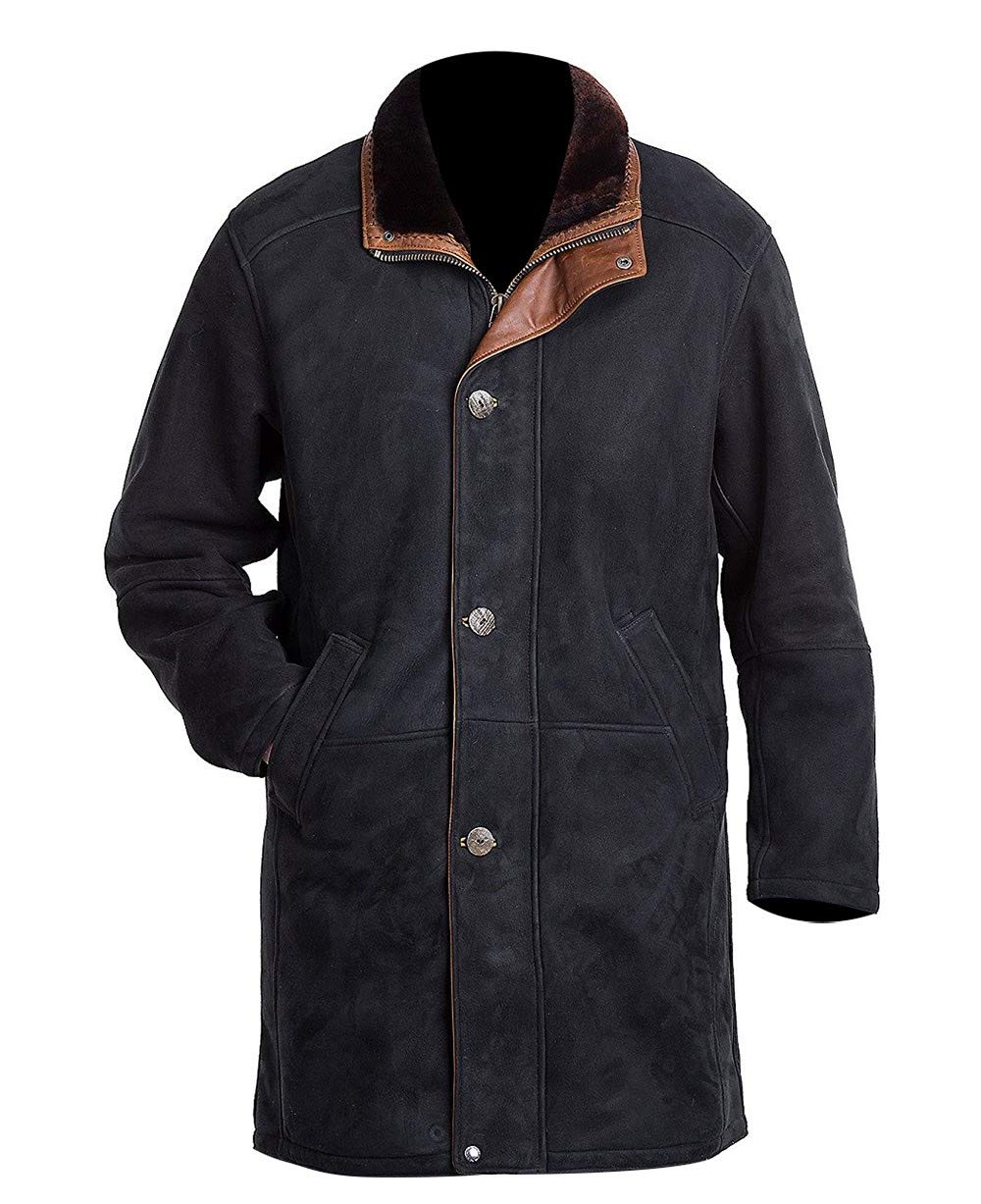 Prime-Fashion Men's Walt Suede Leather Faux Fur Robert Mire Sheriff Jacket - Long Trench Coat for Western Style, Cosplay & Winter Fashion