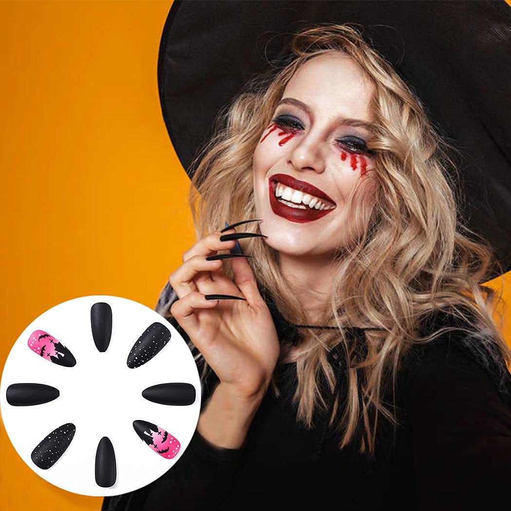 Gothic Almond Acrylic Fake Nails 24pcs - Matte Pink French Cross Design with Black Spots | Long Press on False Nails | Full Cover Stiletto Halloween Nails for Women & Girls (Pattern C) | Perfect for Costume Parties, Gothic Fashion & Special Occasions