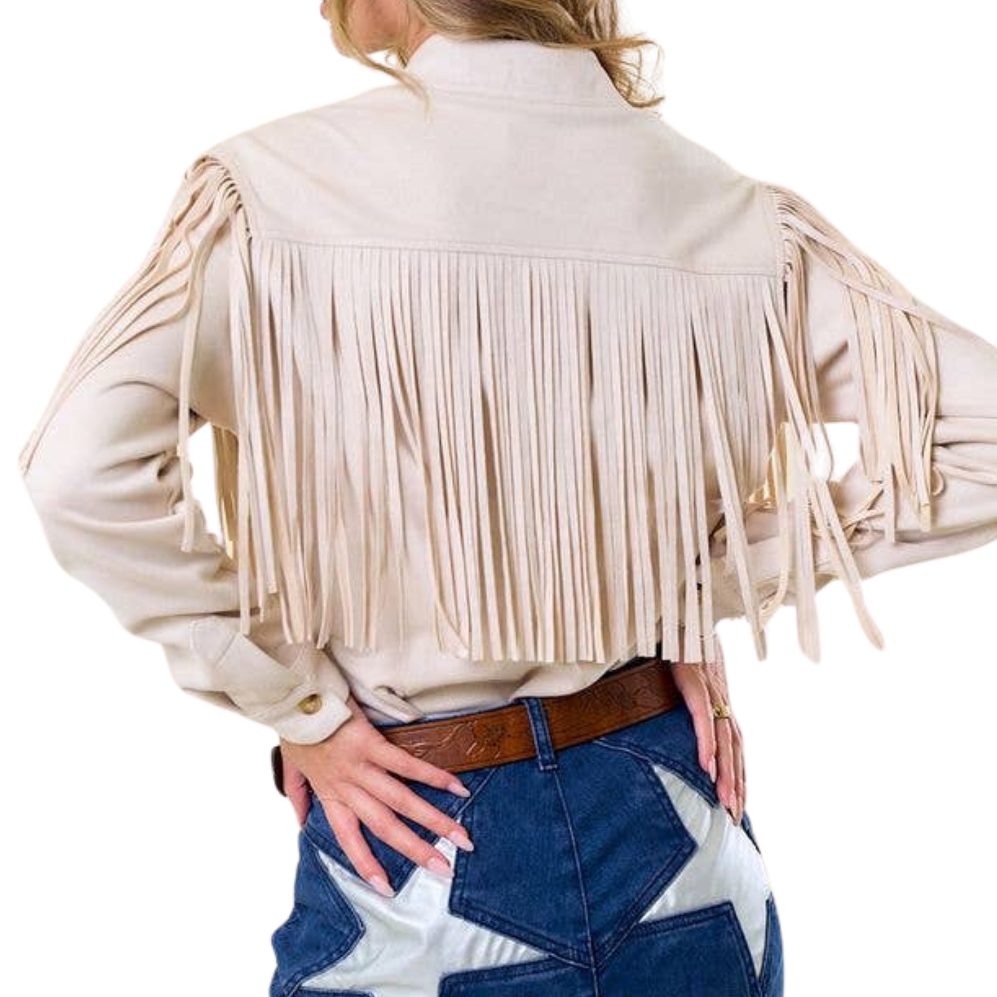 Women's Cream Faux Suede Fringe Shirt - Boho Chic Western Style Blouse for Casual Wear & Music Festivals