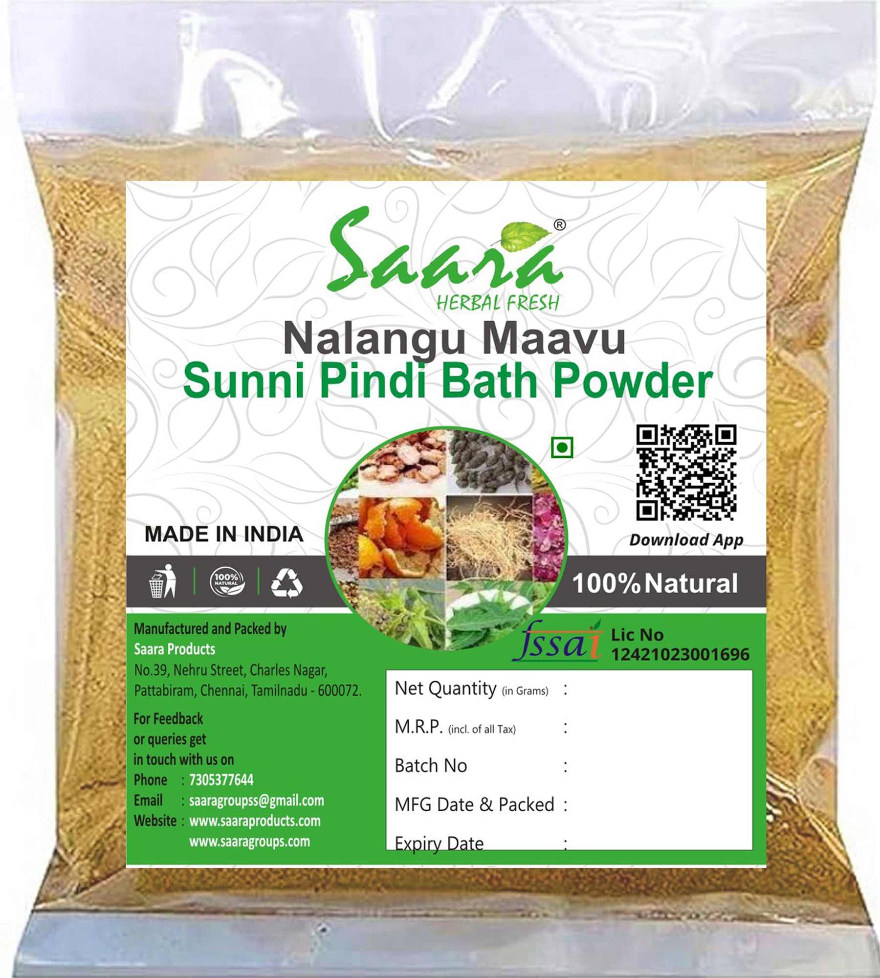 Saara HERBAL FRESH Nalangu Maavu Bath Powder 50g - Skin Brightening & Tan Removal Ubtan Scrub, Revitalizing Body & Face Pack for Glowing Skin - Ideal for Spa, Ayurvedic Skincare & Daily Beauty Routine (Pack of 1)