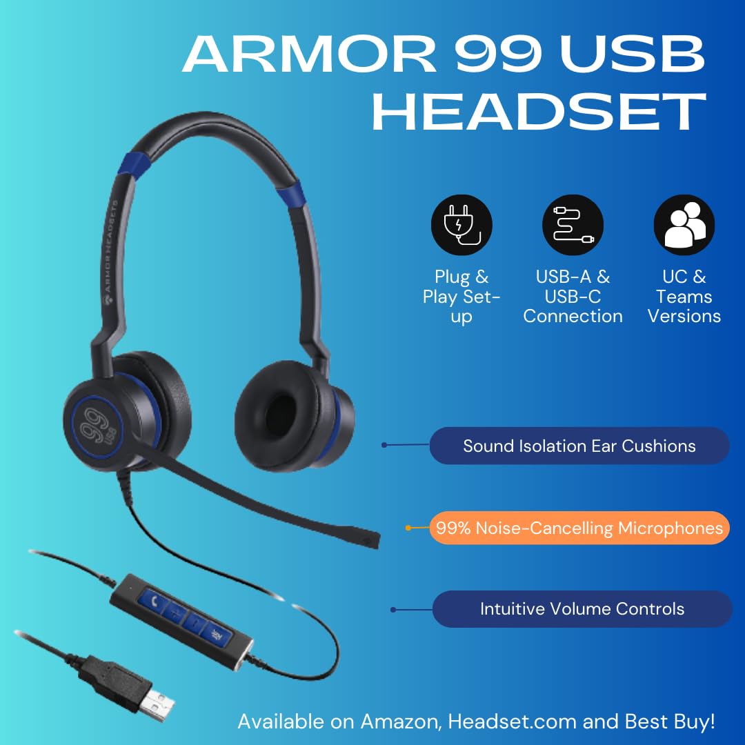 Armor 99 Double Ultra Noise Cancelling USB Headset for PC & Laptops - Professional Office Headset for Teams, Zoom, VoIP Calls, Call Centers, Dictation & Unified Communications - Dual Ear Design for Clear Audio in Home Office & Remote Work