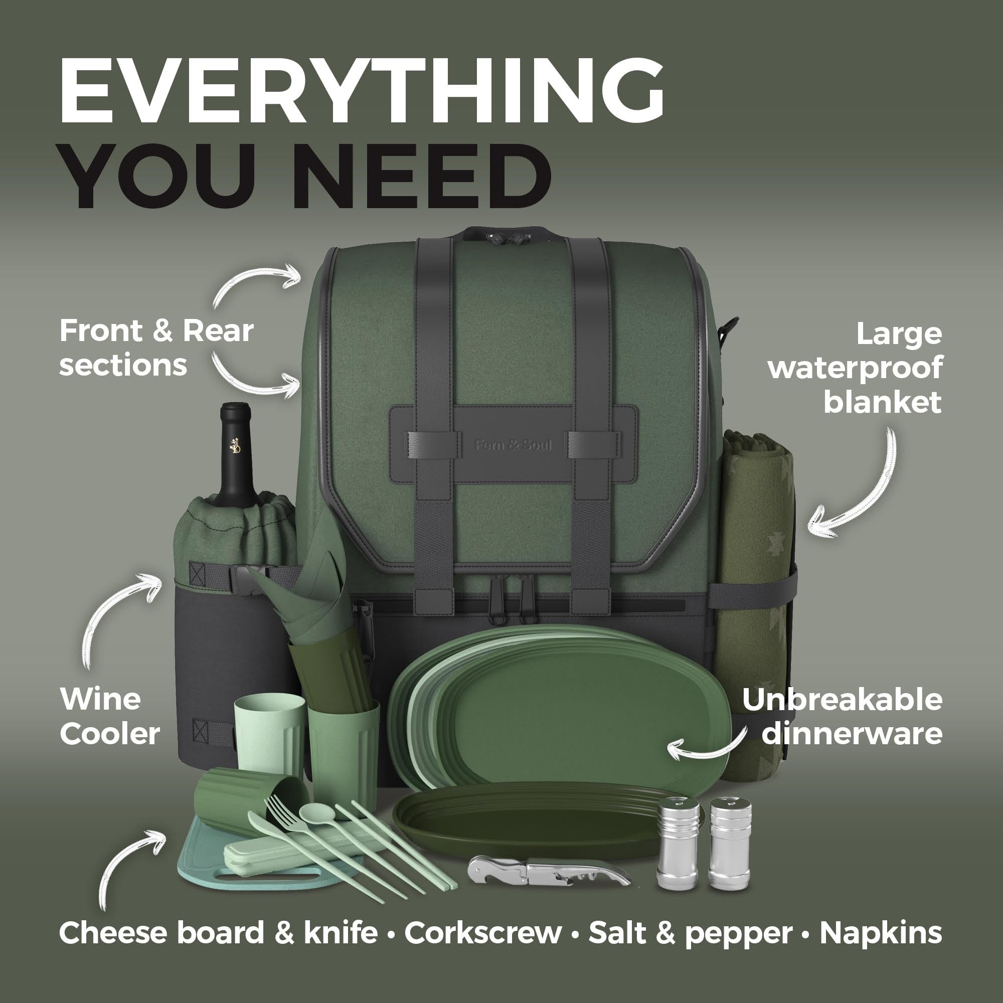 Premium Insulated Picnic Backpack for 2 or 4 People - Portable Picnic Basket Set with Blanket & Wine Pouch - Perfect for Couples Gifts, Outdoor Camping, Beach Picnics, Romantic Dates and Family Outings (Fern and Moss)