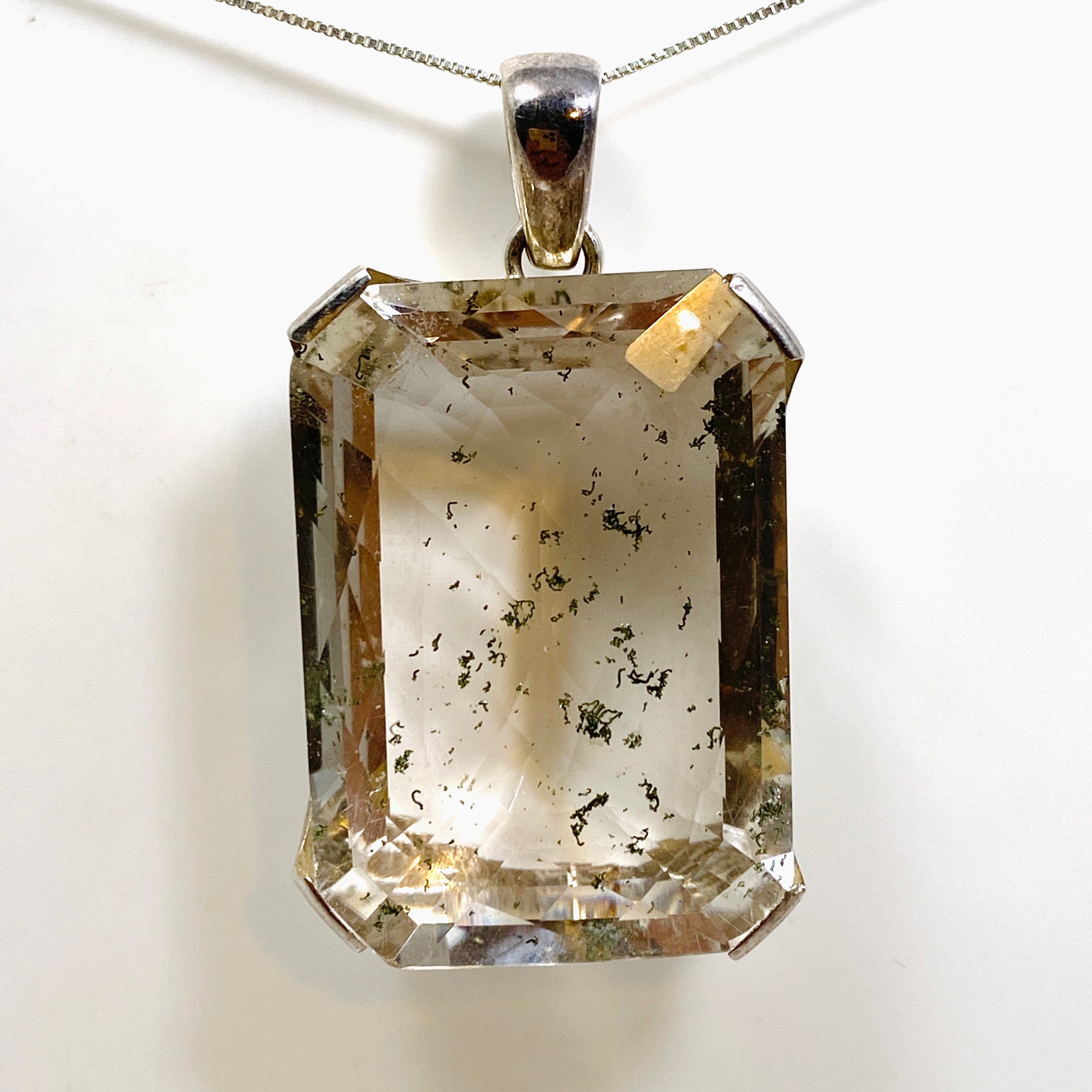 Natural Chlorite Inclusion Quartz Rectangular Checkerboard Faceted Pendant Necklace PPGJ898 - Elegant Crystal Jewelry for Women, Perfect for Gifts & Special Occasions