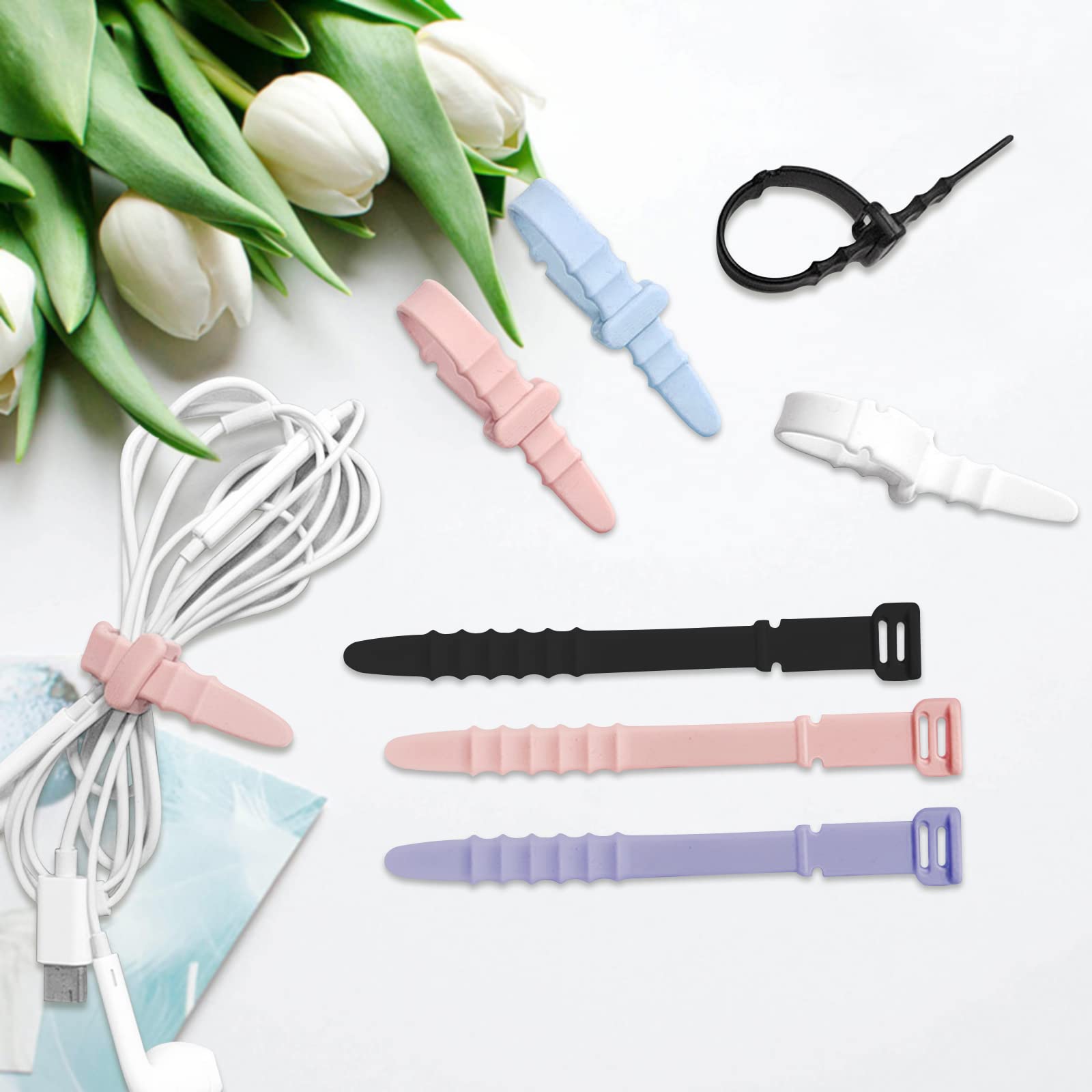20 Pack Reusable Silicone Zip Ties - 4.5 Inch Flexible Rubber Cable Ties for Wire Management, Cord Organization - Home, Office, Desk, Table Organizer - White, Black, Pink, Purple, Blue - Perfect for Electronics, Computer Wires, Christmas Lights & Home DIY Projects