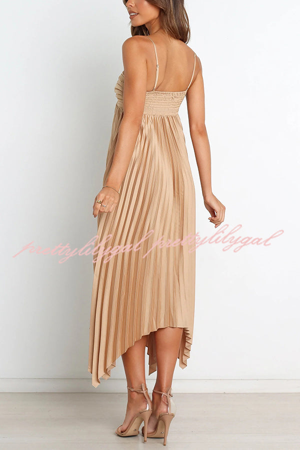 Elegant Solid Color Sexy Suspender Pleated Midi Dress for Women - Trendy Irregular Hem Party & Date Night Outfit