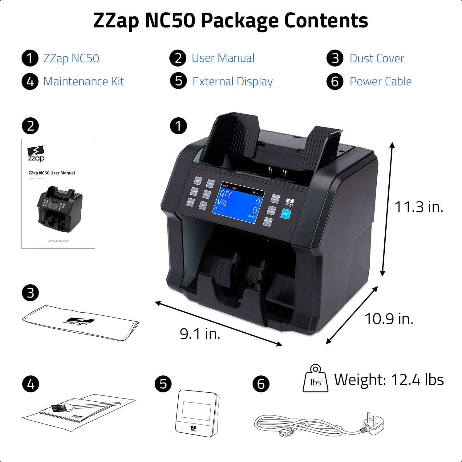 ZZap NC50 Bill Value Counter & Counterfeit Detector Machine - Fast & Accurate Currency Counting with UV/MG/IR Detection - Perfect for Banks, Retail Stores, and Cash-Intensive Businesses