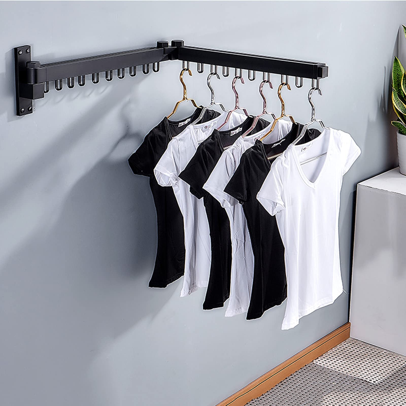 Retractable Wall Mounted Drying Rack - Heavy Duty 60Lbs Capacity Laundry Hanger with Hooks - Space Saving Clothes Organizer for Indoor Outdoor Balcony Bathroom Bedroom - Perfect for Apartments Small Spaces & Laundry Rooms (Black)
