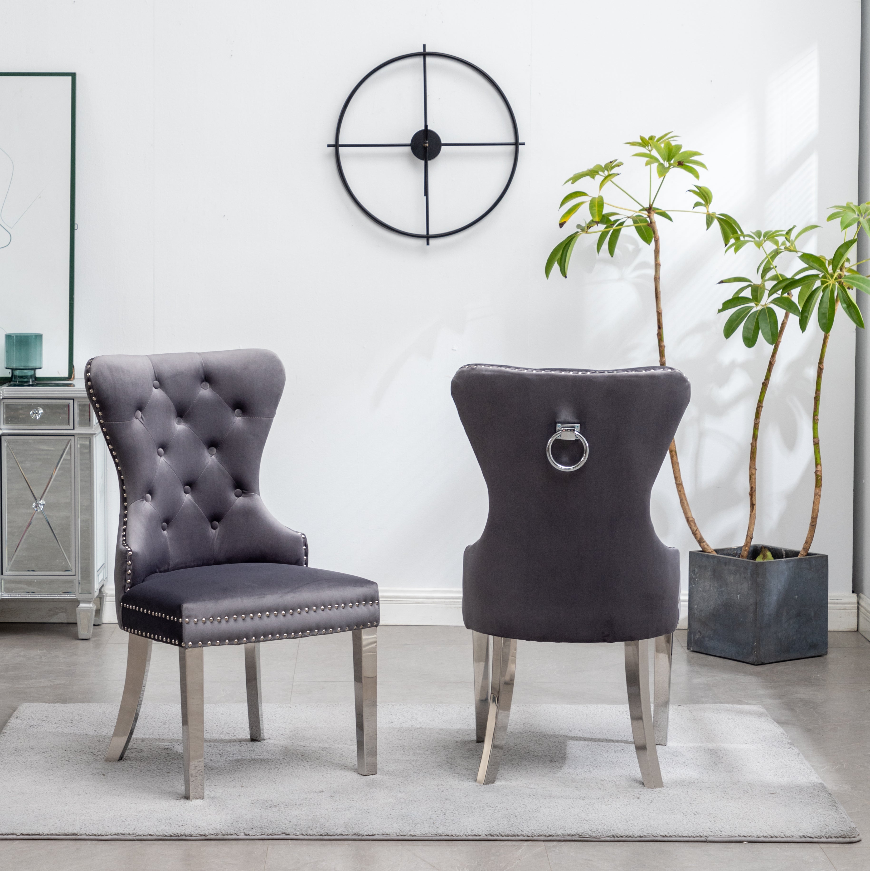 Roundhill Furniture Montura Contemporary Tufted Velvet Accent Chairs with Nailhead Trim - Set of 2 Gray Upholstered Living Room Chairs for Modern Home, Office or Lounge Decor