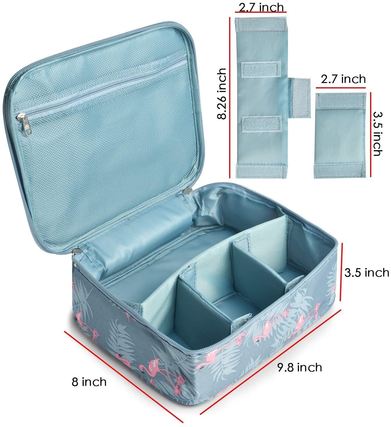SKYFUN 17cm Foldable Nylon Travel Makeup Bag with Adjustable Dividers & Handles - Blue Flamingo Print Cosmetic Organizer for Bathroom, Train Case, Travel Essentials & Toiletry Storage