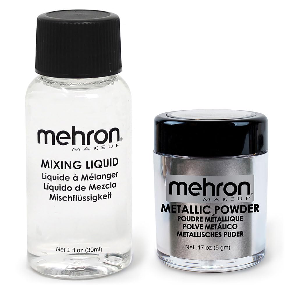Mehron Makeup Metallic Powder 0.17 oz with Mixing Liquid 1 oz - Silver | Professional FX & Theatrical Makeup for Cosplay, Halloween, Body Painting & Special Effects