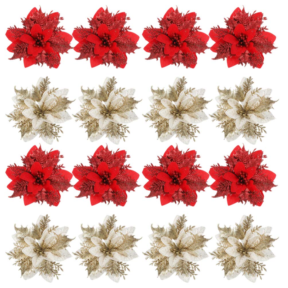 24 Pieces Christmas Glitter Poinsettia Flowers - Red & Gold Artificial Poinsettia Ornaments for Christmas Tree, Wreath, Garland, and Holiday Home Decor - Perfect for Festive Party, Gift Wrapping, and Mantel Decorations