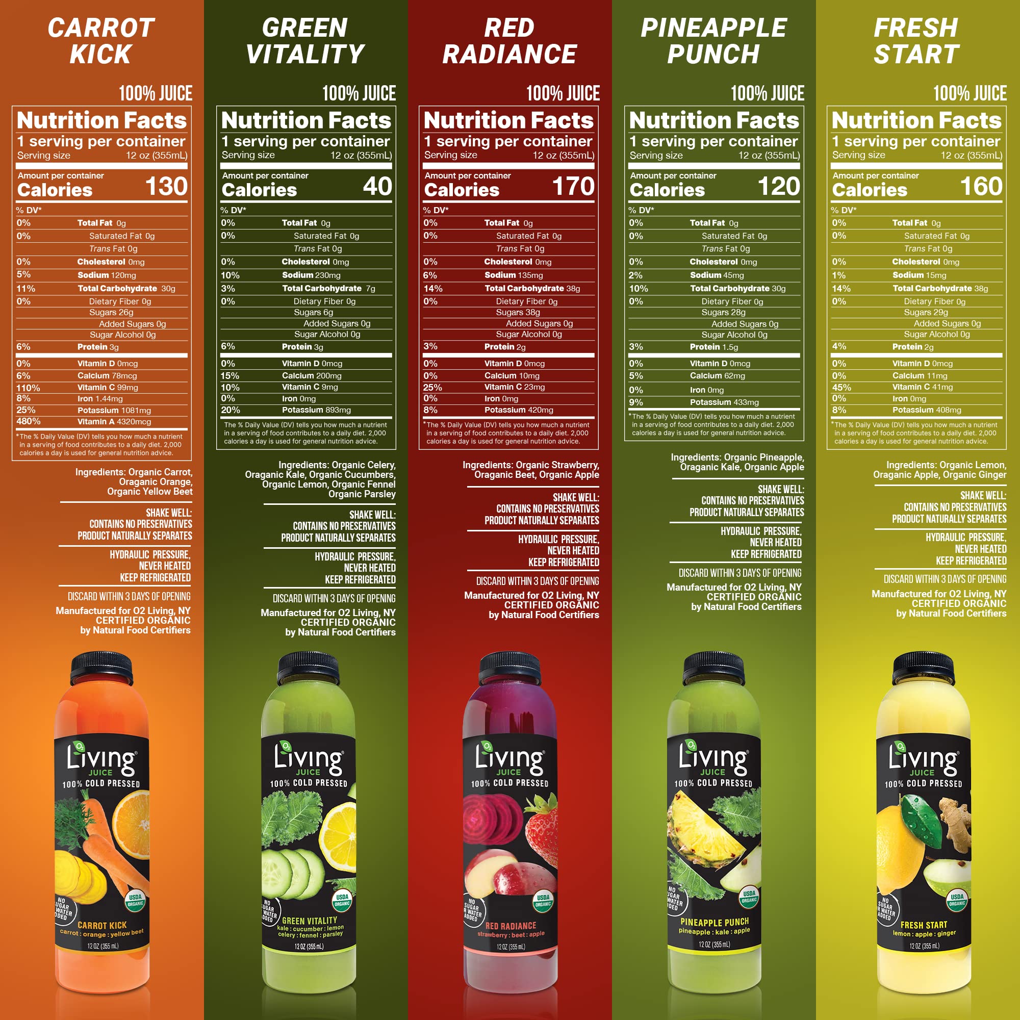 O2 Living 10-Pack Variety 12oz Cold Pressed Juice - Low-Calorie Detox Cleanse Drink with Fresh Fruit & Vegetable Blend | Non-GMO, Immunity Booster, Vitamin-Rich Beverage | Perfect for Post-Workout Recovery, Morning Energy Boost & Healthy Lifestyle