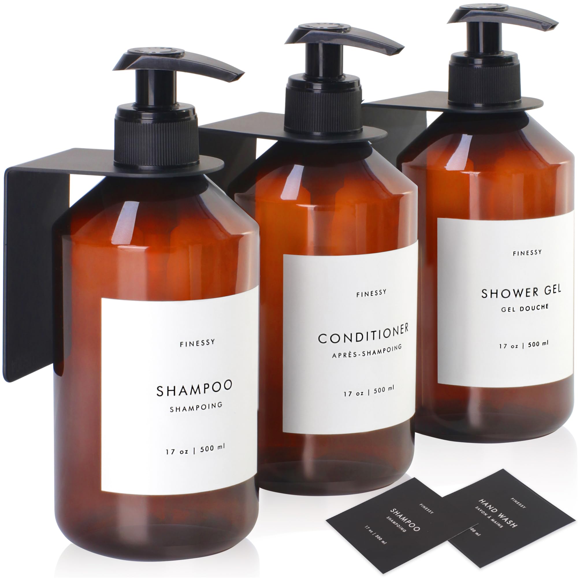 Refillable 3-Chamber Shampoo, Conditioner & Body Wash Dispenser with Pump - No Drill Wall Mount for Bathroom & Shower - Labeled Containers for Easy Refilling - Perfect for Spa, Gym & Home Use