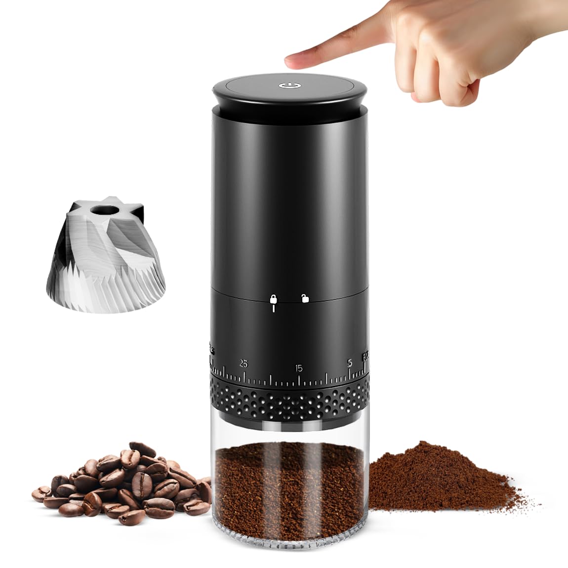 Premium Electric Burr Coffee Grinder - Portable & Rechargeable with 38 Adjustable Settings, Stainless Steel Mill - Perfect for Travel, Camping, Office & Home Brewing - Cordless Coffee Bean Grinder for Espresso, French Press & Drip Coffee