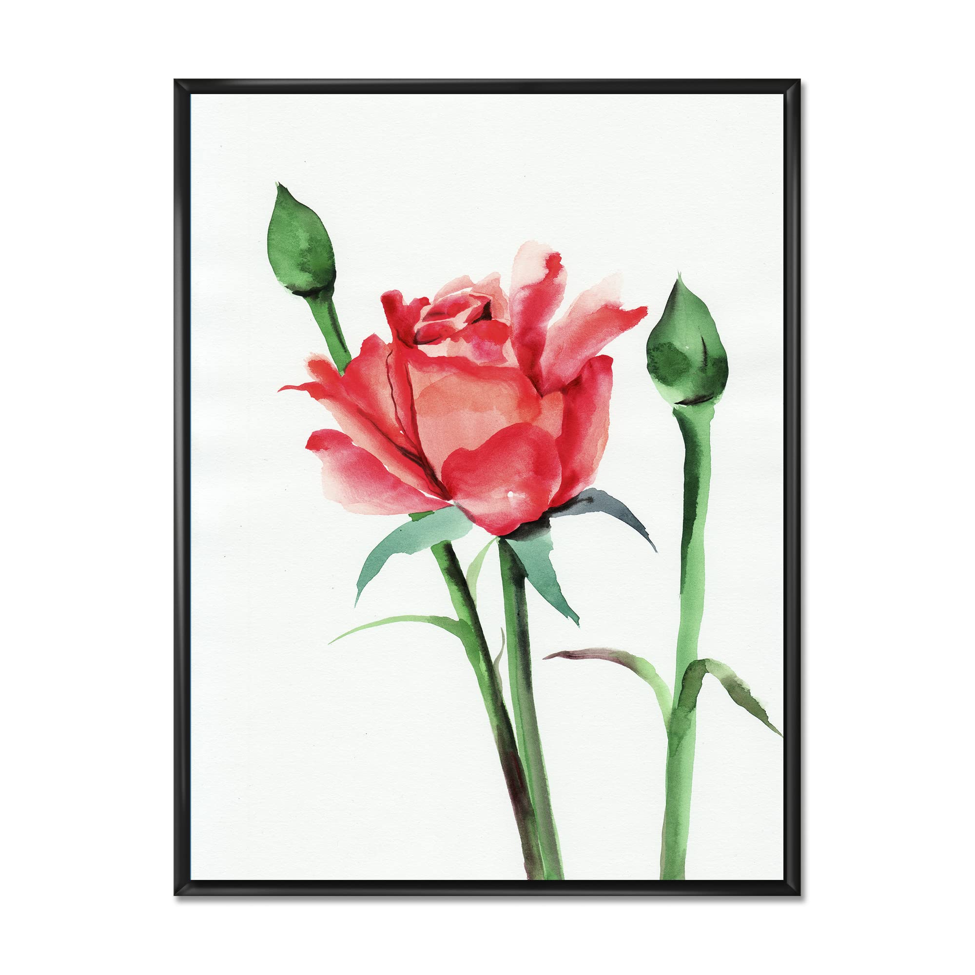 Red Rose With Buds - Traditional Framed Canvas Wall Art Print for Home Decor | Vintage Floral Painting | Perfect for Living Room, Bedroom & Office