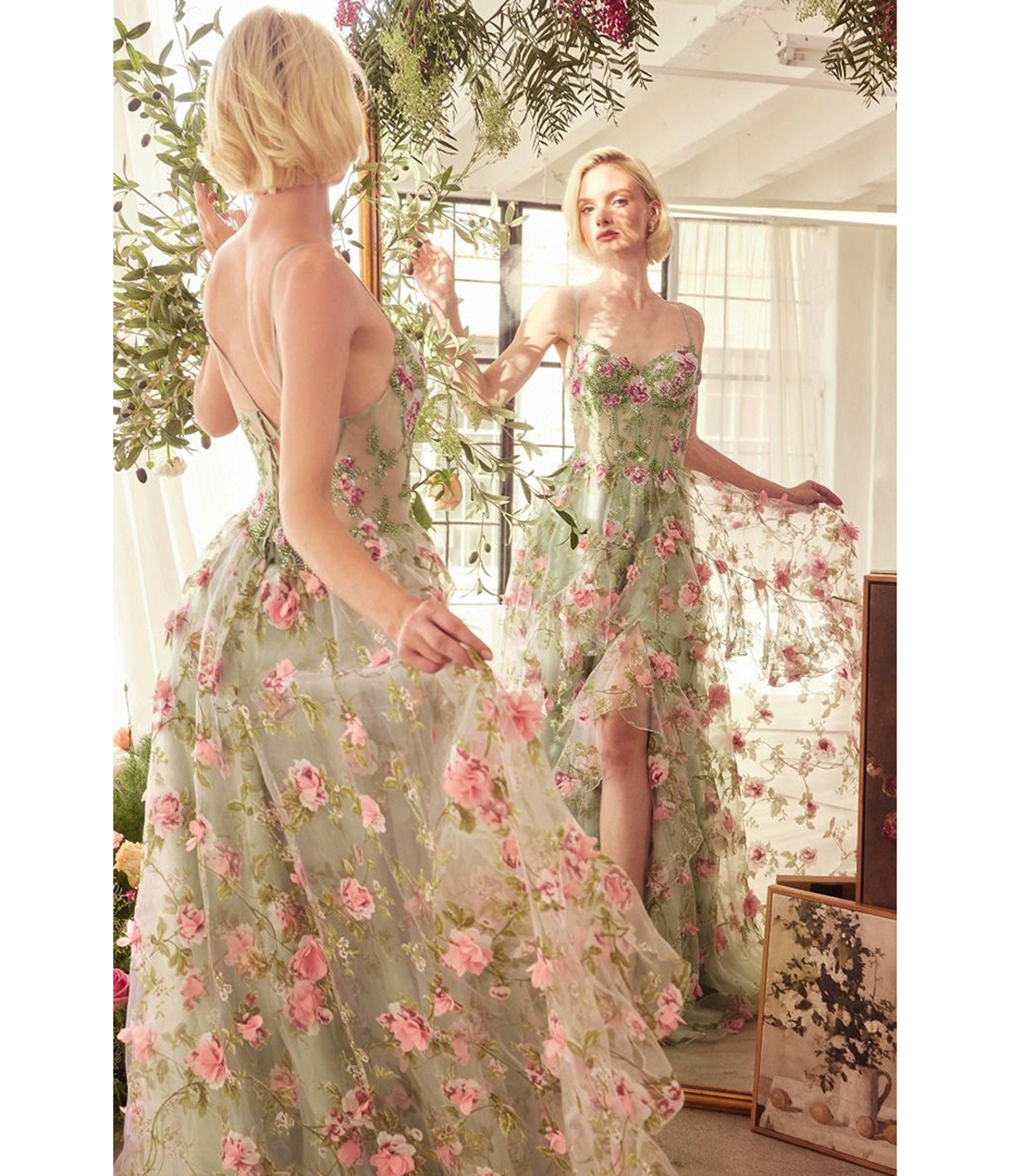 Ladivine by Cinderella Divine Sage Green Floral Print A-Line Prom Dress for Homecoming, Formal Dances & Special Occasions