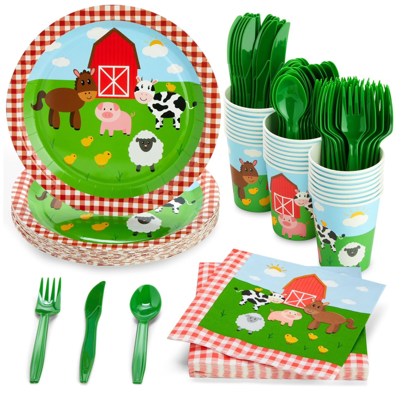 Juvale 144-Piece Farm Animal Birthday Party Supplies Set - Barnyard Themed Decorations with Paper Plates, Napkins, 9oz Cups & Plastic Cutlery for 24 Guests | Perfect for Kids Birthday Parties, Baby Showers & Farm-Themed Events