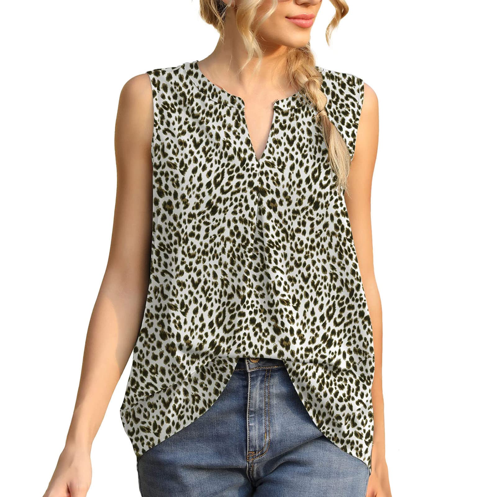 Plus Size Tank Tops for Women - Summer Sleeveless V-Neck Blouse, Casual Pleated Shirt in Solid Colors (Khaki, Medium) | Perfect for Beach Outfits, Vacation Wear & Everyday Comfort