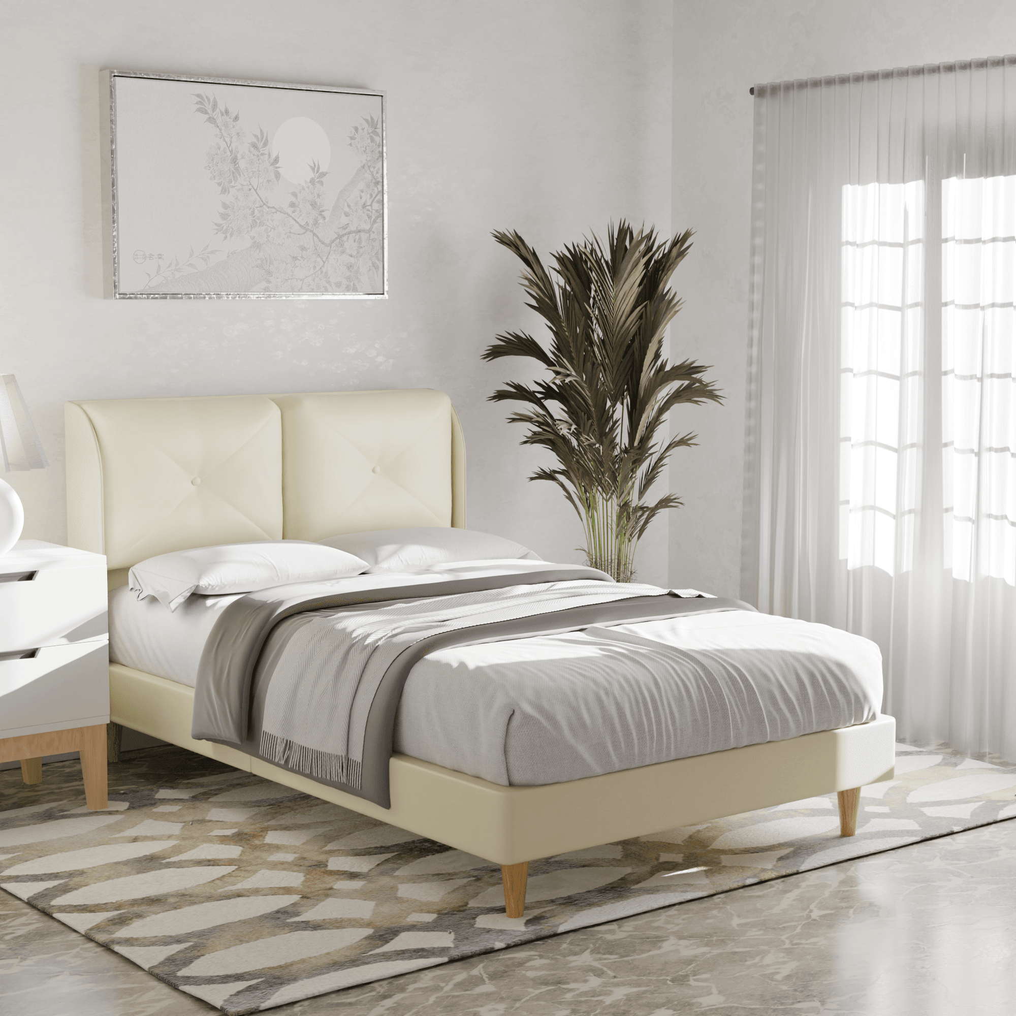 Mohave Faux Leather Upholstered Bed Frame - Queen Size Platform Bed with Wooden Slats Support | Perfect for Modern Bedroom, Guest Room & Master Suite Decor