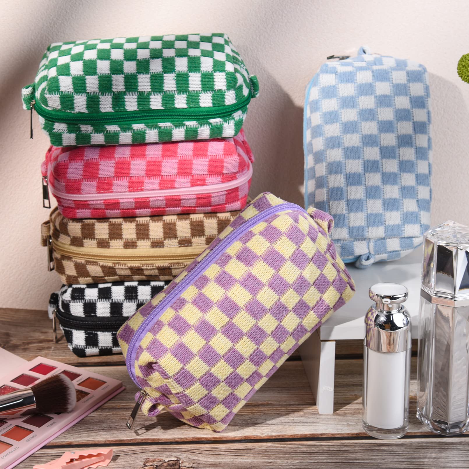 6-Piece Checkered Makeup Bag Set - Pink & Black Preppy Cosmetic Pouches for Women | Travel Toiletry Organizer, DIY Brush Storage | Perfect for School, Gym & Vacation Essentials