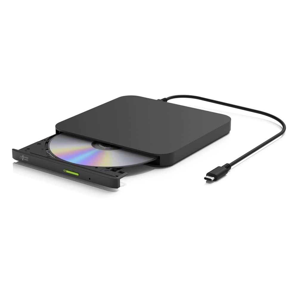 Hitachi LG Multi OS External CD/DVD USB Type C Rewriter Drive - Compatible with Windows, Mac, Android & Fire OS (Black) - Perfect for Data Backup, Media Playback & Software Installation