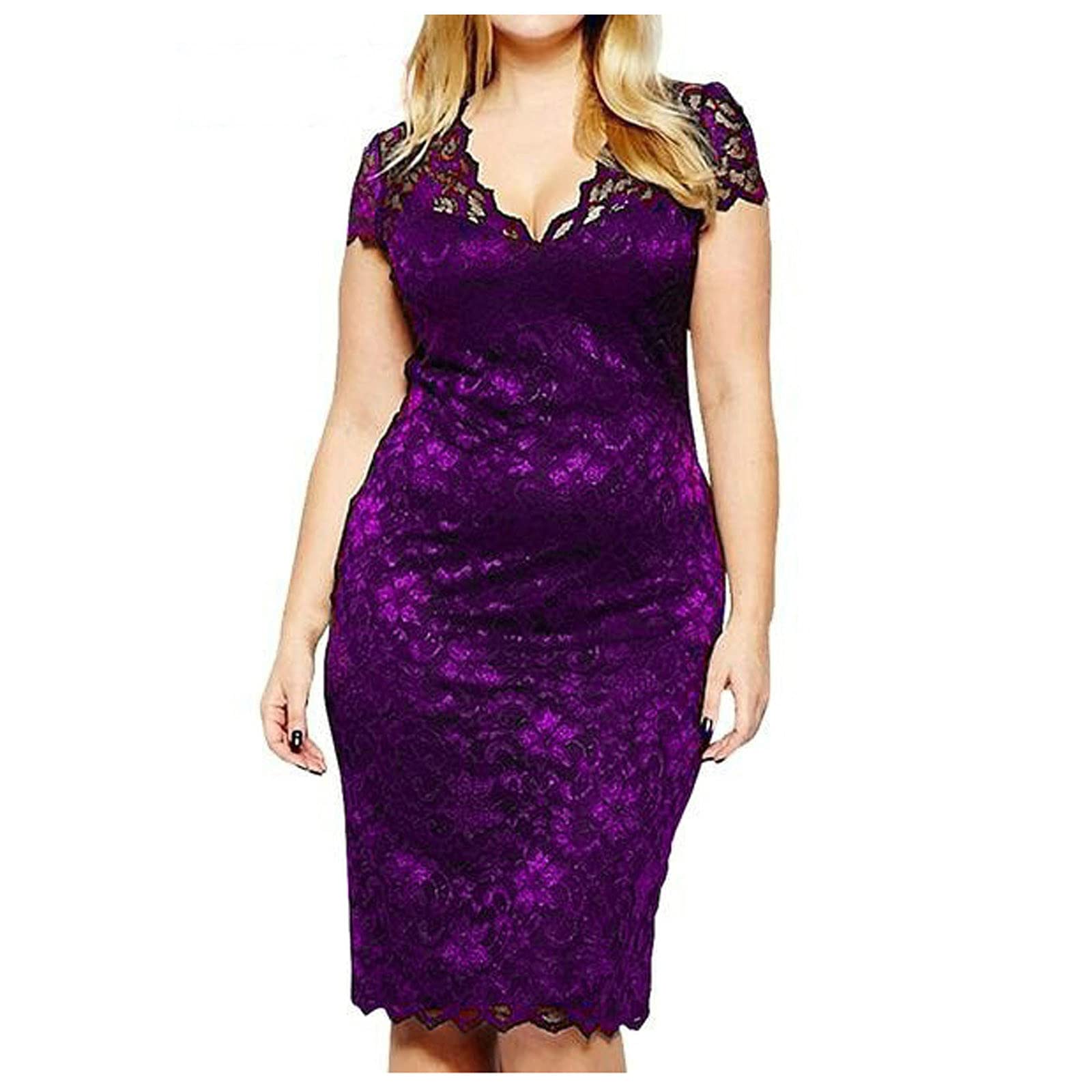 2022 Summer Women's V-Neck Short Sleeve High Waist T-Shirt Dress with Lace Print - Plus Size Party Mini Dress for Casual Wear, Date Night & Beach Outings