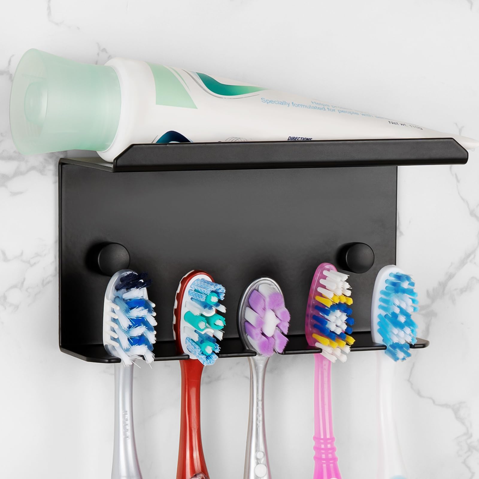 Linkidea Wall Mounted Toothbrush Holder - 5 Slot Aluminum Self-Adhesive Organizer for Colgate Extra Clean & Oral-B CrossAction Brushes - Perfect for Shower, Bathroom & Travel (Black)